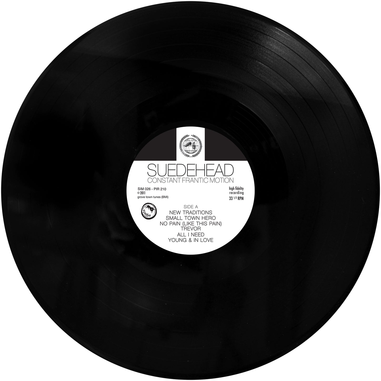 A black vinyl record by Suedehead, titled "Constant Frantic Motion" and evocative of the Northern Soul scene, featuring track listings and other text on its white center label.