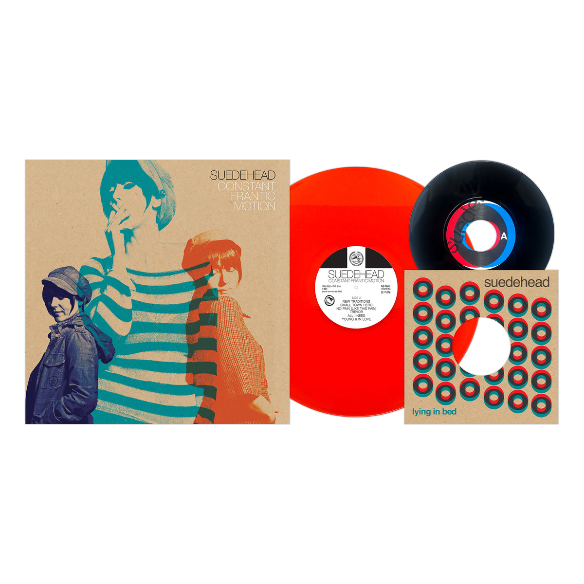 Album cover and two vinyl records, one in bright red and one in black, from Suedehead. The cover showcases a stylized photo of three people with colored filters, conveying the raw energy of Northern Soul punks. Also included is a small sleeve titled “lying in bed,” featuring a retro circular pattern inspired by classic Simba Records releases from the Suedehead discography.