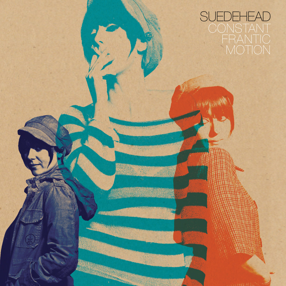 Three overlapping images of a person in different poses and colors, dressed in a striped shirt and cap—embodying the vibrant spirit of Northern Soul punks. In the upper right corner, "Suedehead Constant Frantic Motion" is featured on a tan background, referencing Suedehead’s dynamic era as captured across their discography from Simba Records.