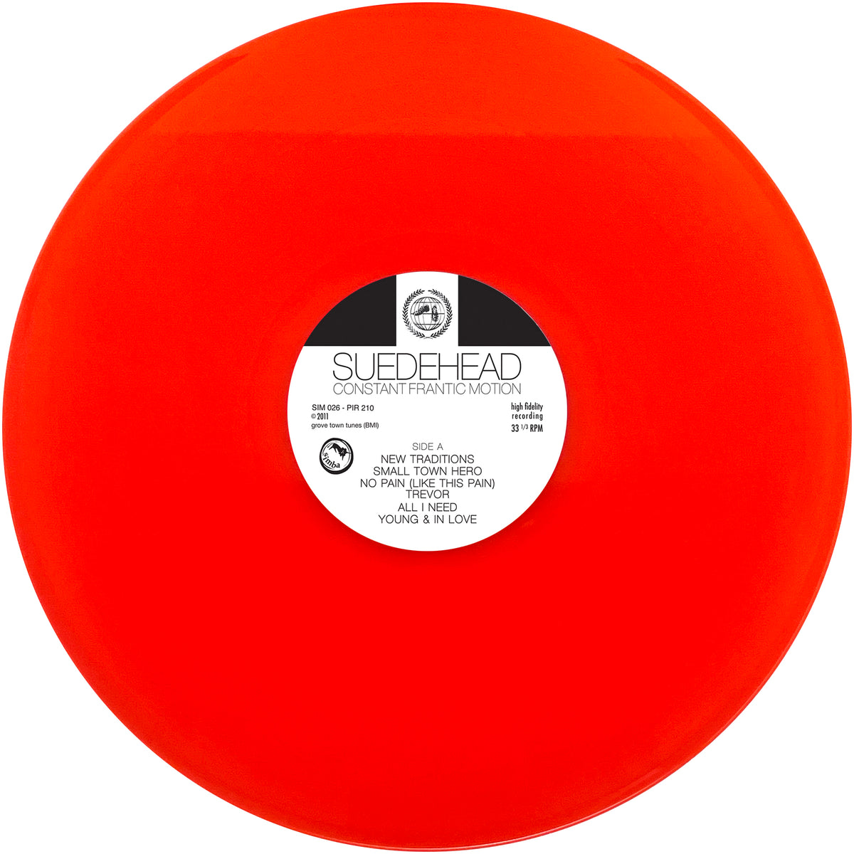 A bright red vinyl record with a central white label that reads "Suedehead - Constant Frantic Motion" and displays song titles and other details in black text, this vibrant release from Suedehead captures the raw energy and passion of Northern Soul punks—an energetic addition to the band’s discography.