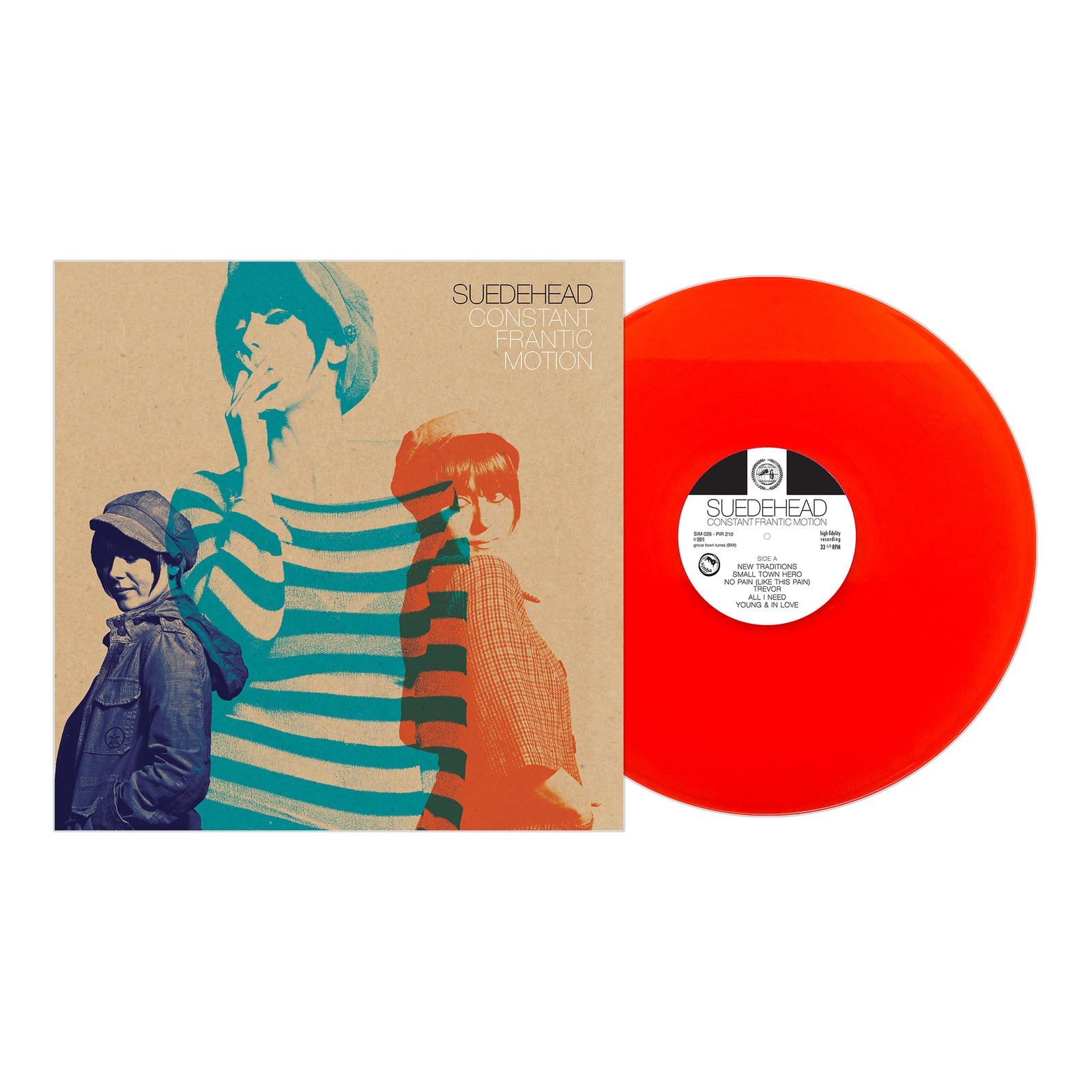 Album cover for Constant Frantic Motion by Suedehead, a standout in the Suedehead collection and released on Simba Records, showcasing three stylized figures with a bright orange vinyl record partly visible on the right—a lively homage to Northern Soul punks.