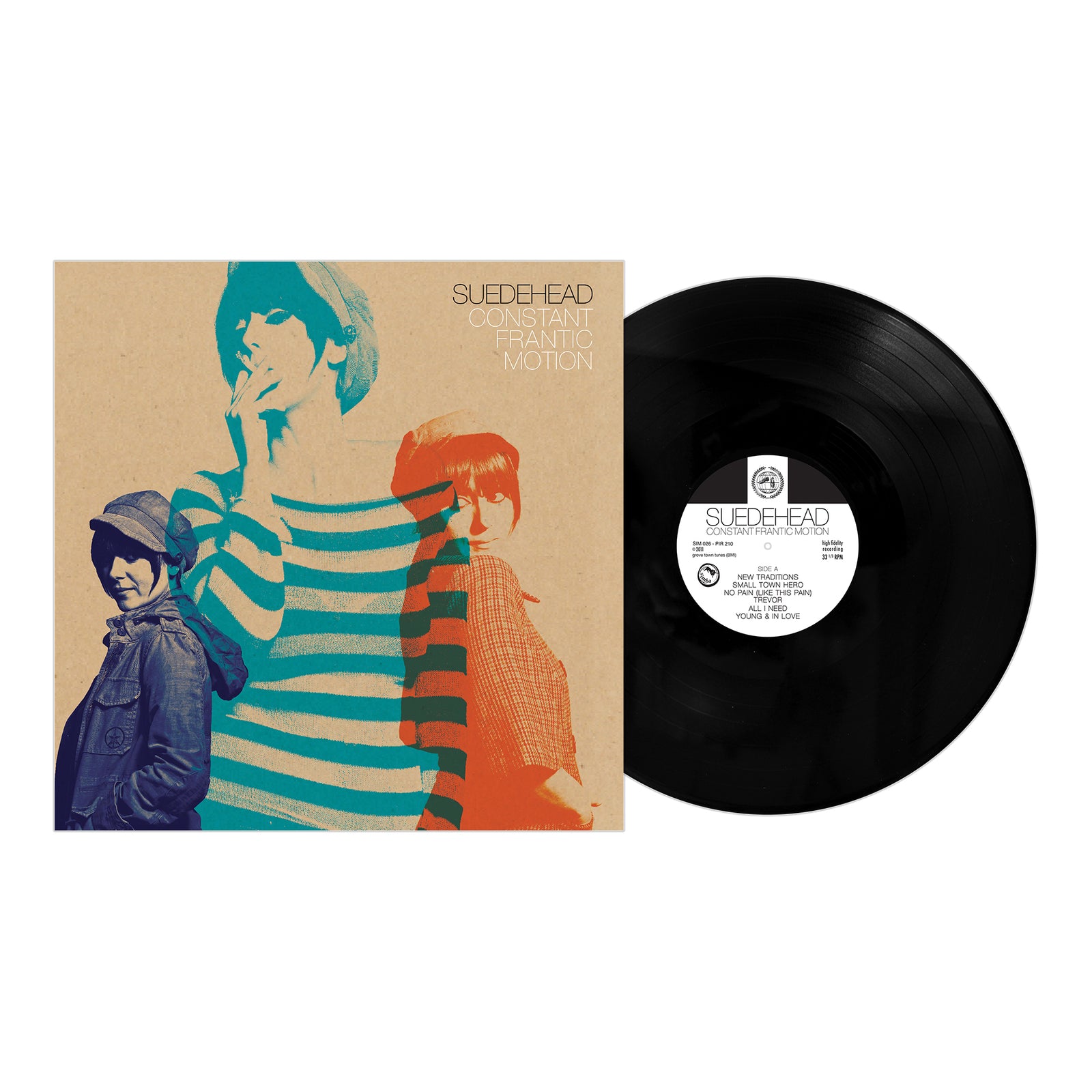 A vinyl record partially slides from its sleeve. The cover features three figures rendered in bold blue, orange, and beige shades, with the brand name "Suedehead" and the title “Constant Frantic Motion” in the top right corner—a nod to the Northern Soul influences that shaped this acclaimed punk band’s sound.