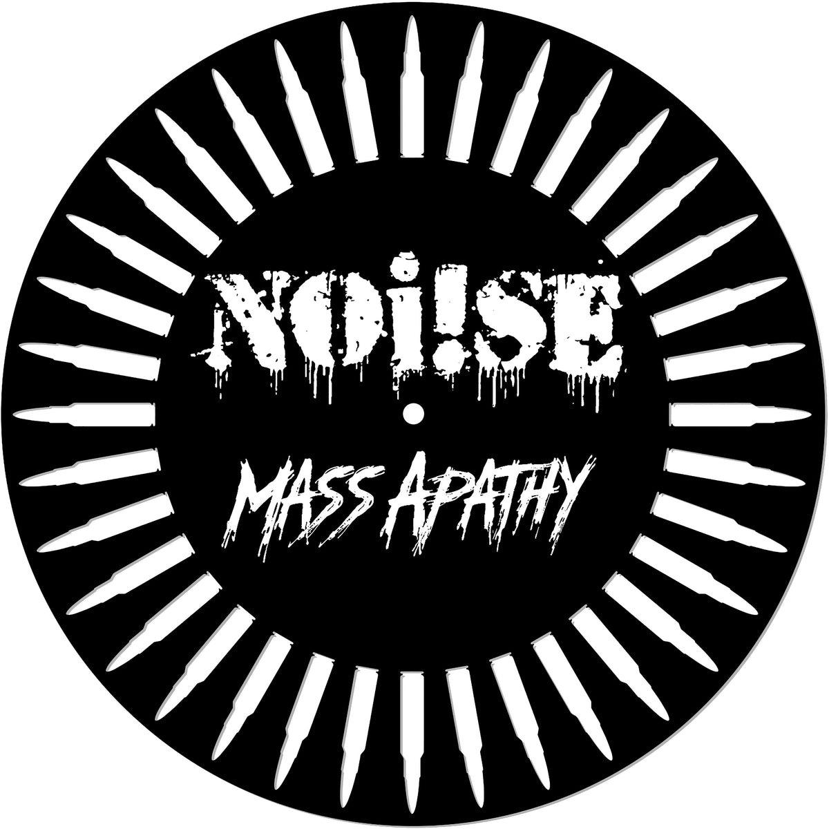 A black circular graphic from NOi!SE features white bullet shapes on the edge and distressed punk rock text reading “NO!SE” over “MASS APATHY,” showcasing a bold, grunge design against gun violence.