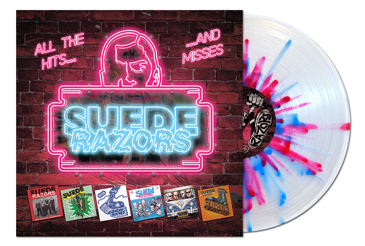 A clear vinyl record with blue and red splatters is partially slid from its cover. Neon-style Suede Razors branding pops against a brick wall design, with smaller album covers shown along the bottom for a punk-inspired look.