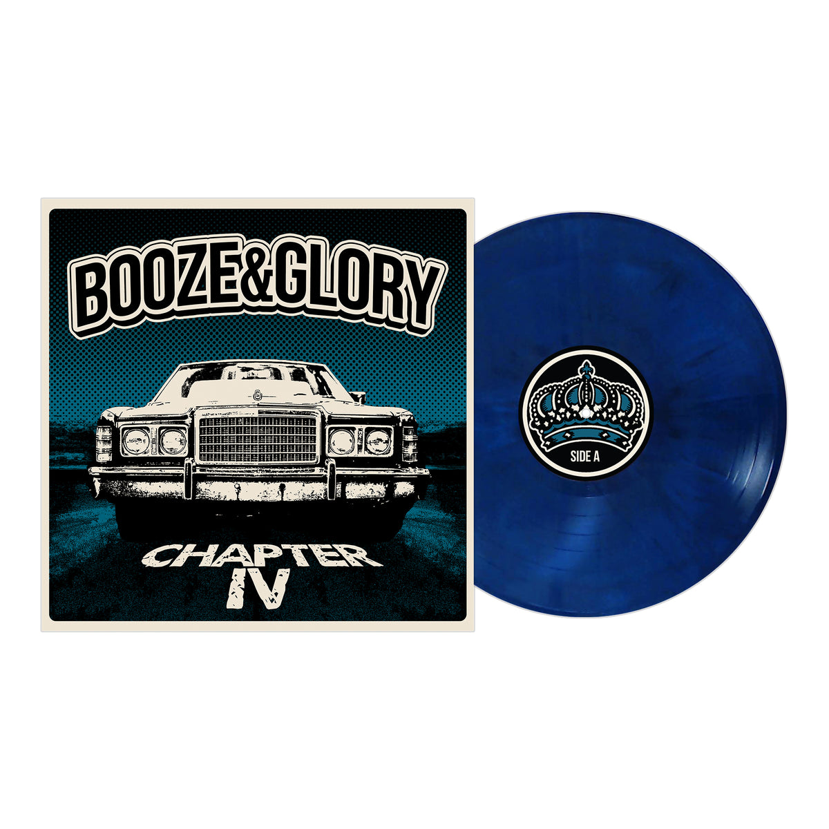 Blue vinyl record beside its cover, which shows a classic car front with Booze &amp; Glory above and Chapter IV below—a bold black-and-blue design ideal for punk anthem collectors. Brand: Booze &amp; Glory.