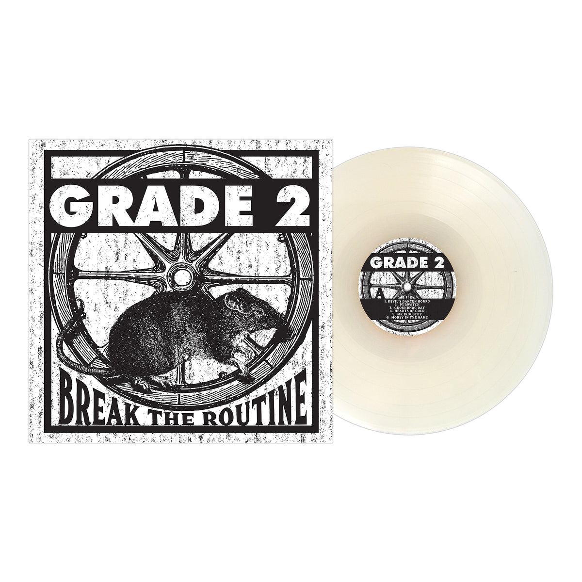 A translucent white vinyl record from Grade 2 with a cover showing a rat in a wheel and bold black GRADE 2 and Break the Routine text—a must-have for punk rock collectors.
