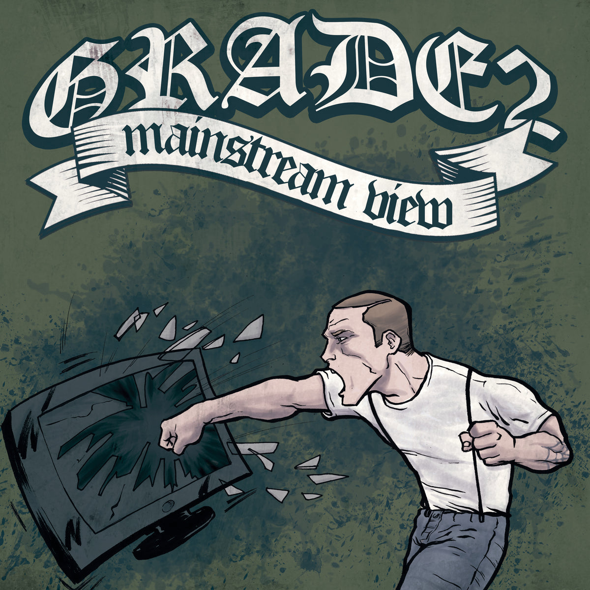 Illustration of a man in a white shirt and suspenders smashing a TV, with "Grade 2" and "Oi! The New Generation" above in bold text, capturing the rebellious energy of the streetpunk band Grade 2.
