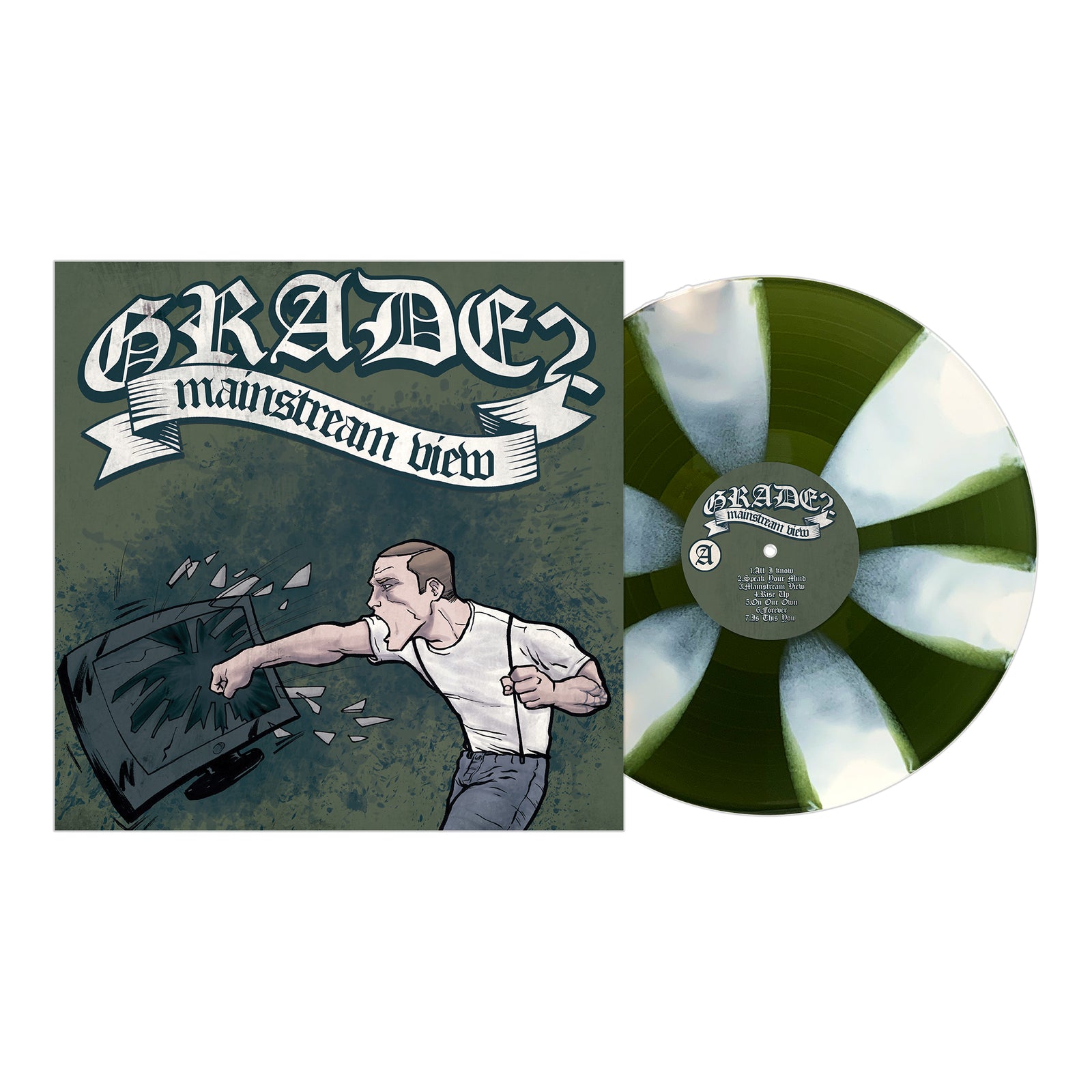 Grade 2 vinyl record with green and white splatter pattern sits next to its cover, which shows a cartoon man punching through a TV and bold, stylized "Mainstream View" lettering at the top. Brand: Grade 2.