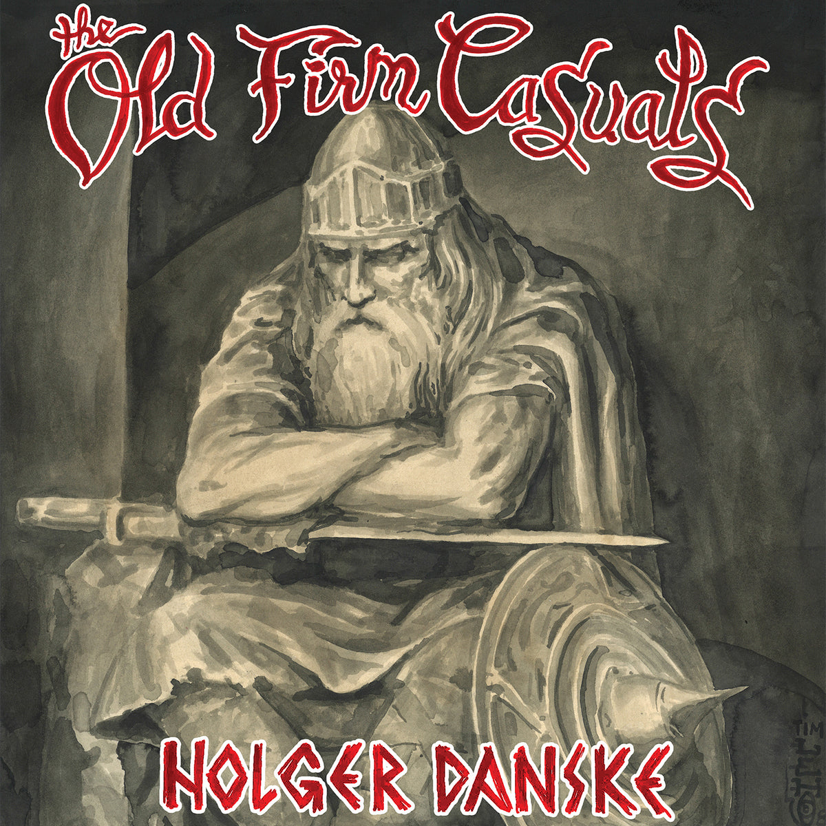 A grayscale illustration shows a bearded Viking warrior with crossed arms on a large sword. “The Old Firm Casuals” appears in red at the top and “Holger Danske” is in bold red at the bottom. Brand: The Old Firm Casuals.