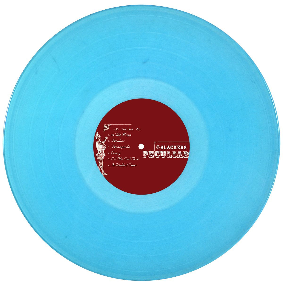 A light blue translucent vinyl record with a maroon center label featuring white text and designs. This The Slackers pressing features their Peculiar album and signature roots-reggae-ska fusion, plus a partial track list.