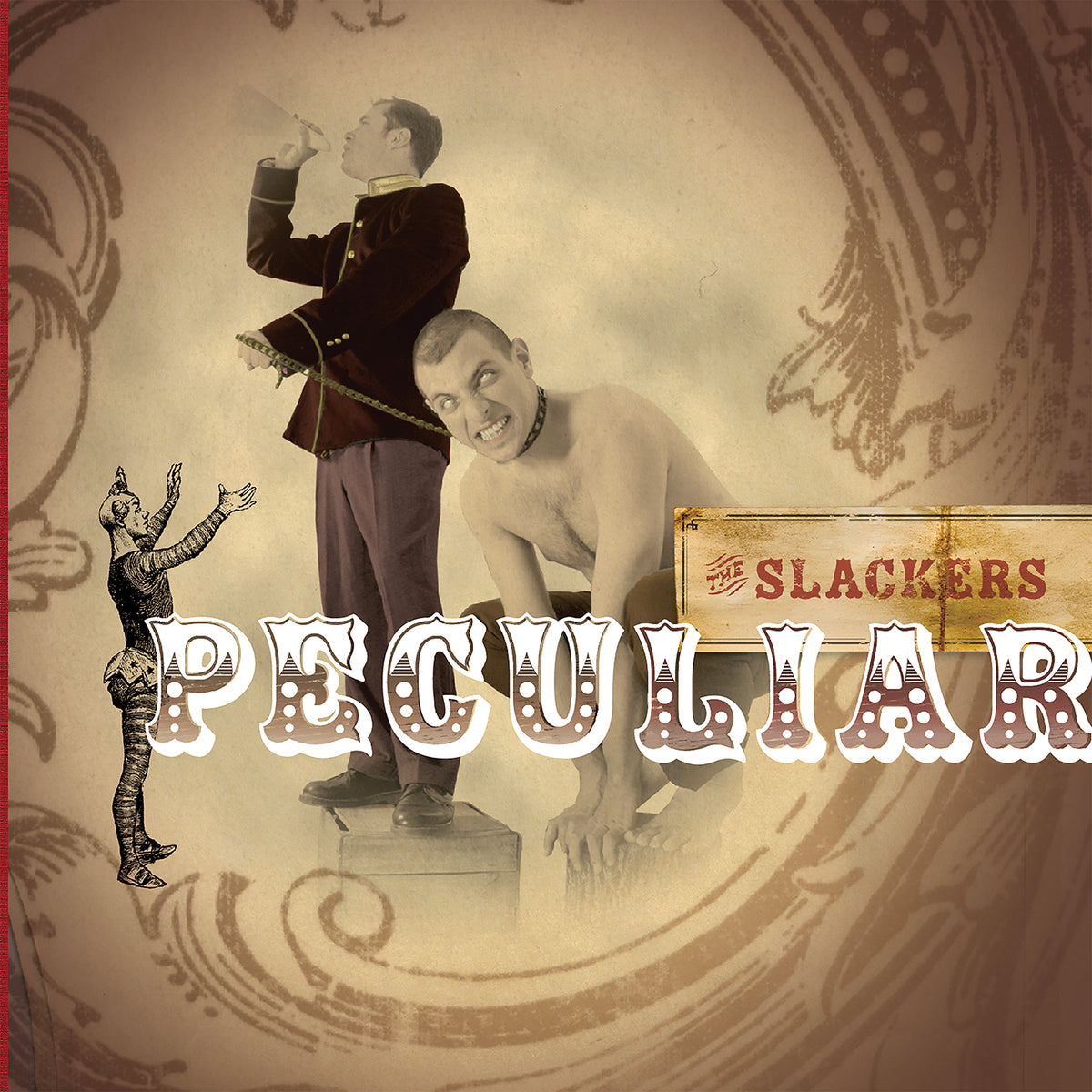 Vintage-style album cover for The Slackers: a uniformed man drinks from a bottle atop a pedestal beside a grinning, collared man, with ornate patterns reflecting their roots-reggae-ska fusion in the background.