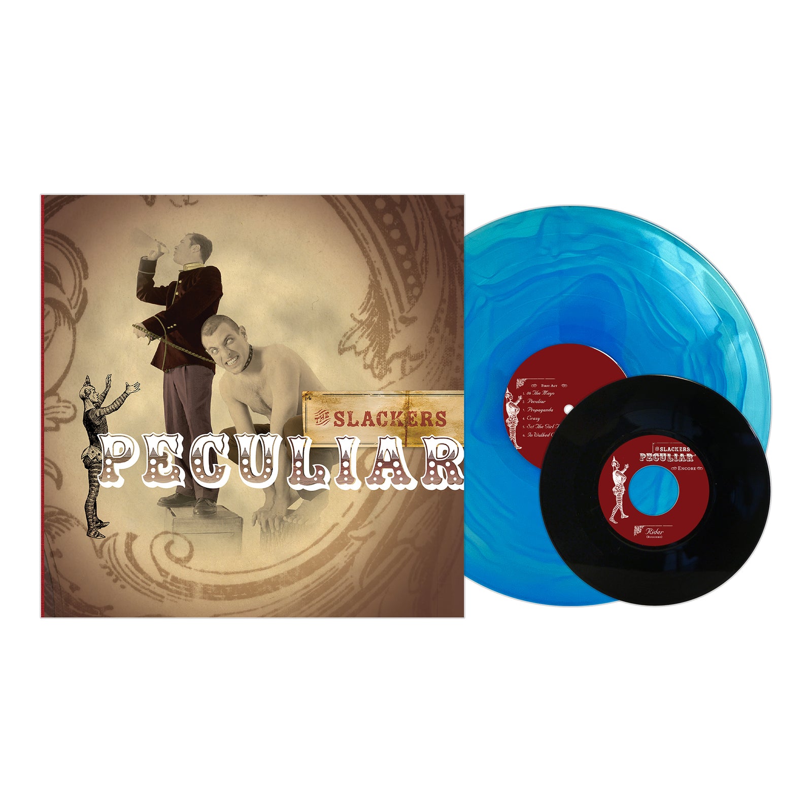 Album cover for The Slackers Peculiar features vintage circus-style art. Shown beside it are a blue marble LP and a black 7-inch vinyl, highlighting the bands roots-reggae-ska fusion sound. Brand: The Slackers.