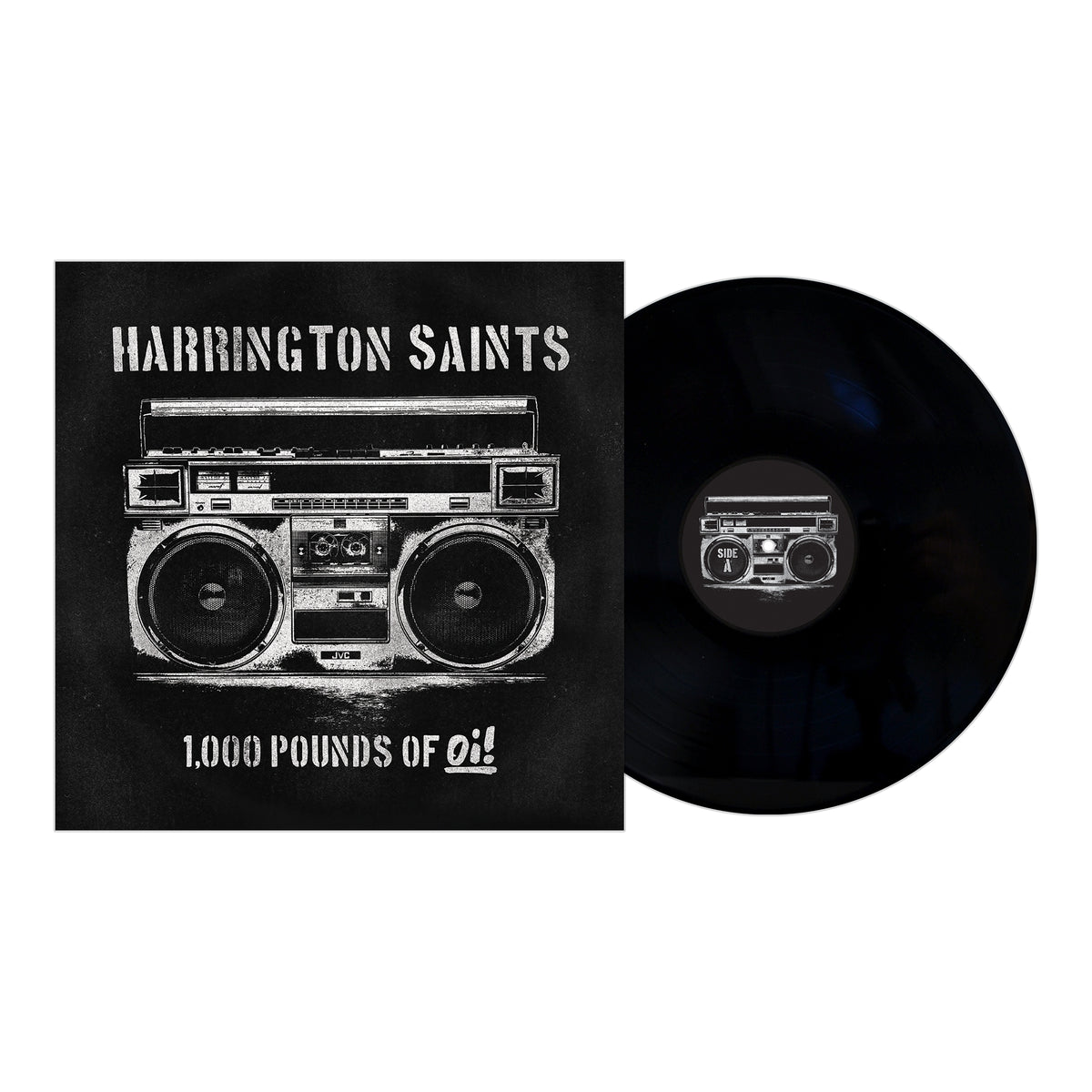 A vinyl record and cover for &quot;1,000 Pounds of Oi!&quot; by Harrington Saints. The cover shows a bold black-and-white boombox illustration on a dark background with distressed text.