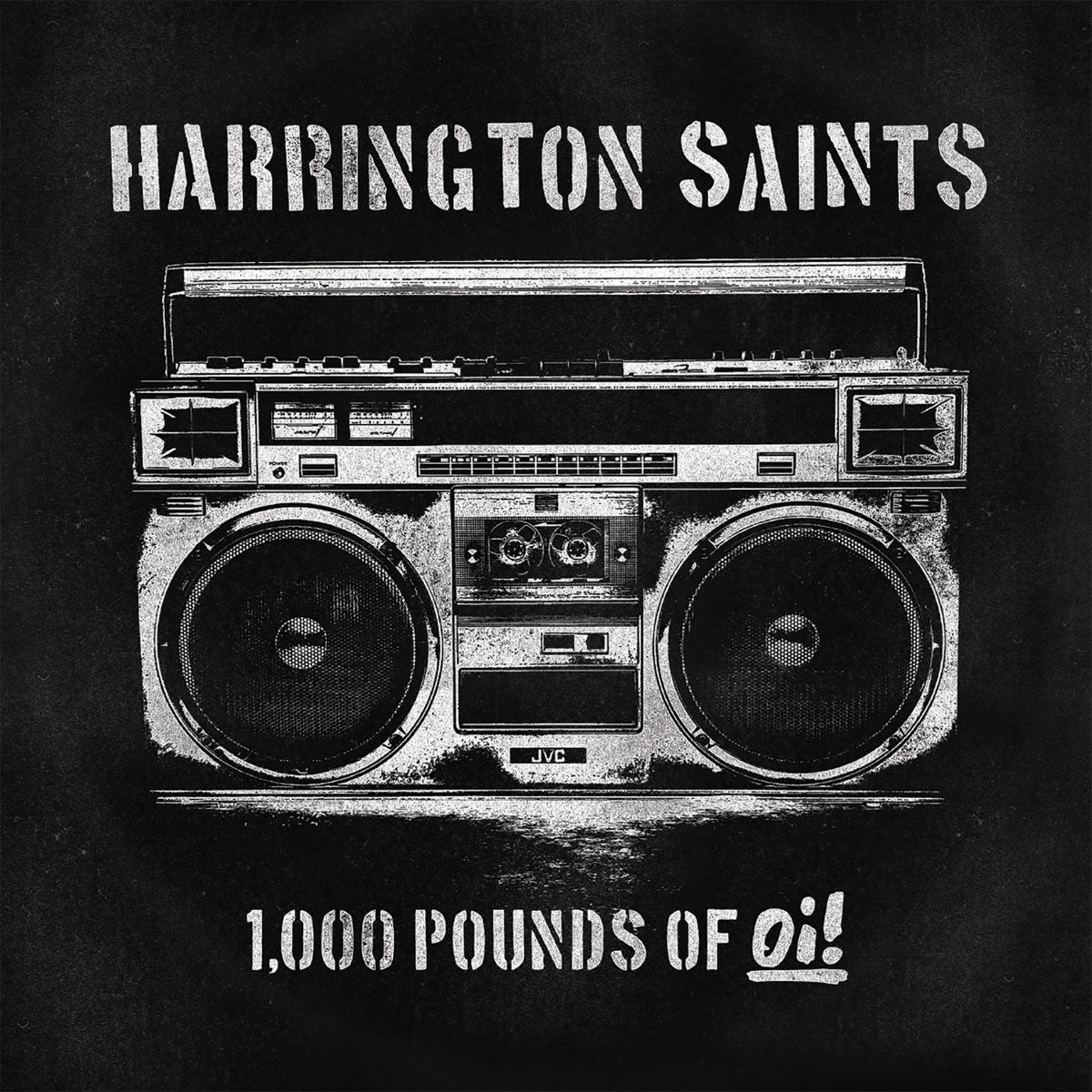 A black and white graphic of a vintage boombox features the Harrington Saints brand above and &quot;1,000 Pounds of Oi!&quot; below, celebrating Bay Area streetpunk on a dark background.