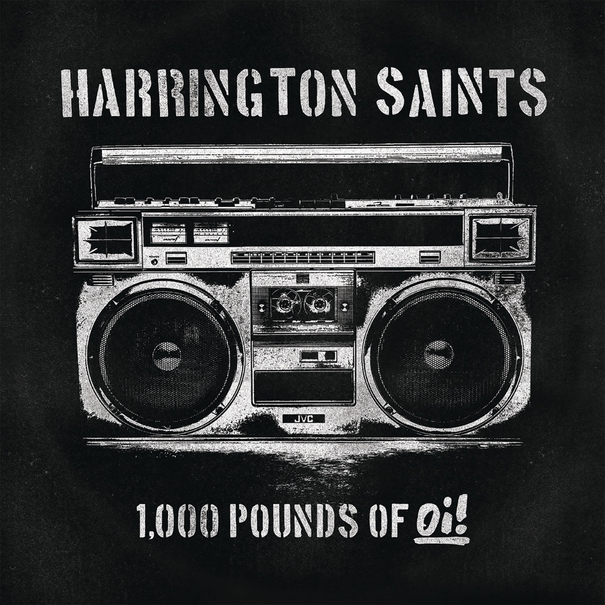 Black and white graphic of a boombox with “Harrington Saints” above and “1,000 POUNDS OF oi!” below in bold stencil lettering—a nod to Bay Area punk album art—appears on a dark, textured background. Brand: Harrington Saints.