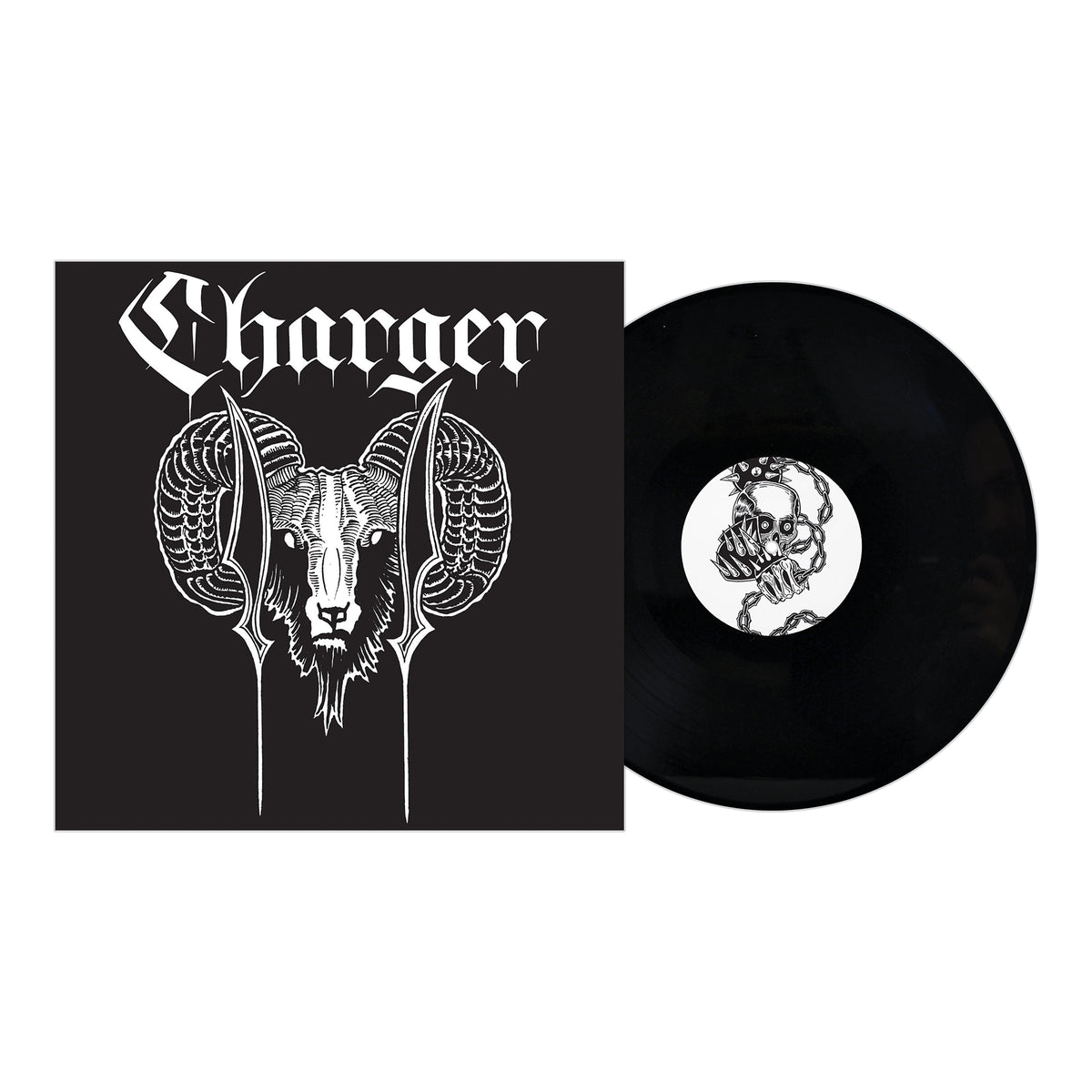 A Charger vinyl sits next to its album cover, displaying a stylized ram’s head with bold “Charger” branding, while the record label features a chained skull—both evoking 70s hard rock style.