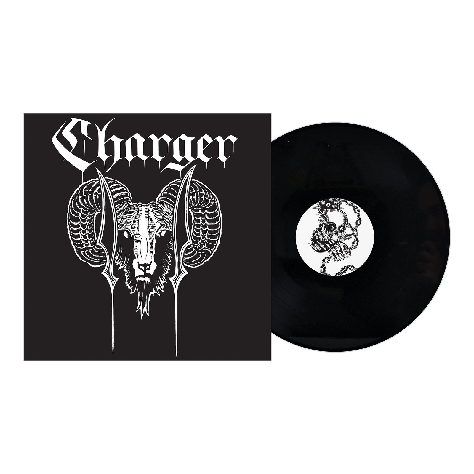 A Charger vinyl sits next to its album cover, displaying a stylized ram’s head with bold “Charger” branding, while the record label features a chained skull—both evoking 70s hard rock style.