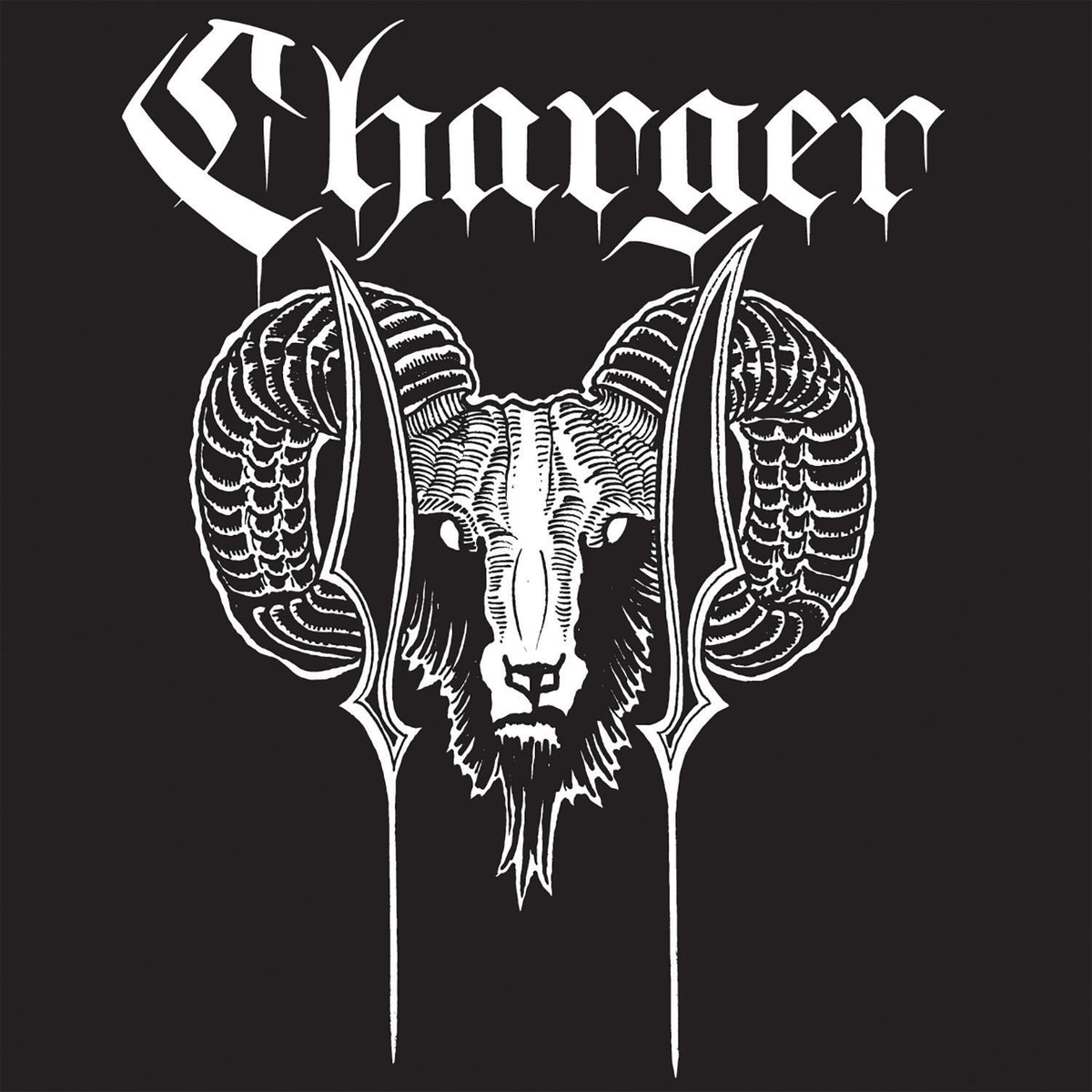 A stylized ram’s head with large, curved horns and vertical blade-like shapes appears below the Charger brand name in gothic white lettering, reminiscent of 70s hard rock vinyl covers, all set against a black background.