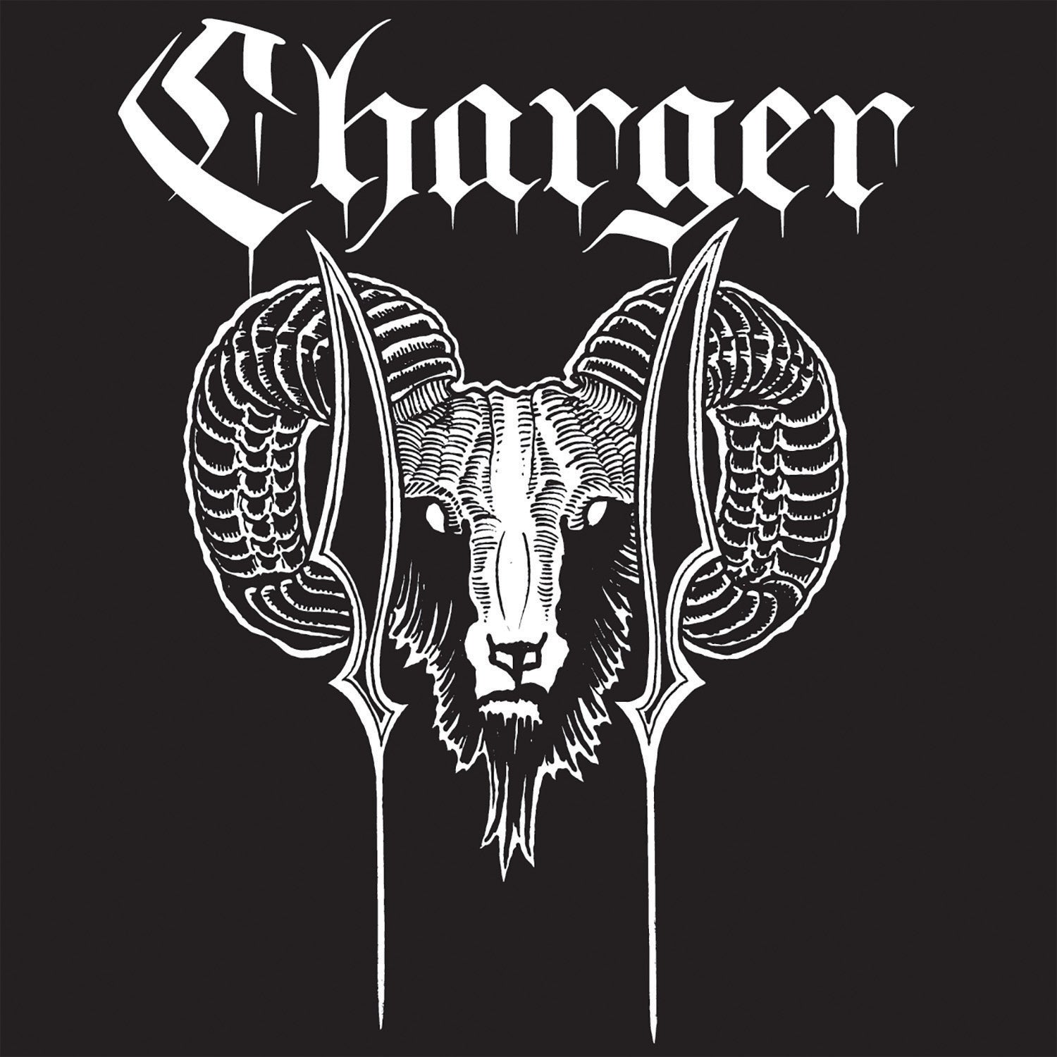 A stylized ram’s head with large, curved horns and vertical blade-like shapes appears below the Charger brand name in gothic white lettering, reminiscent of 70s hard rock vinyl covers, all set against a black background.