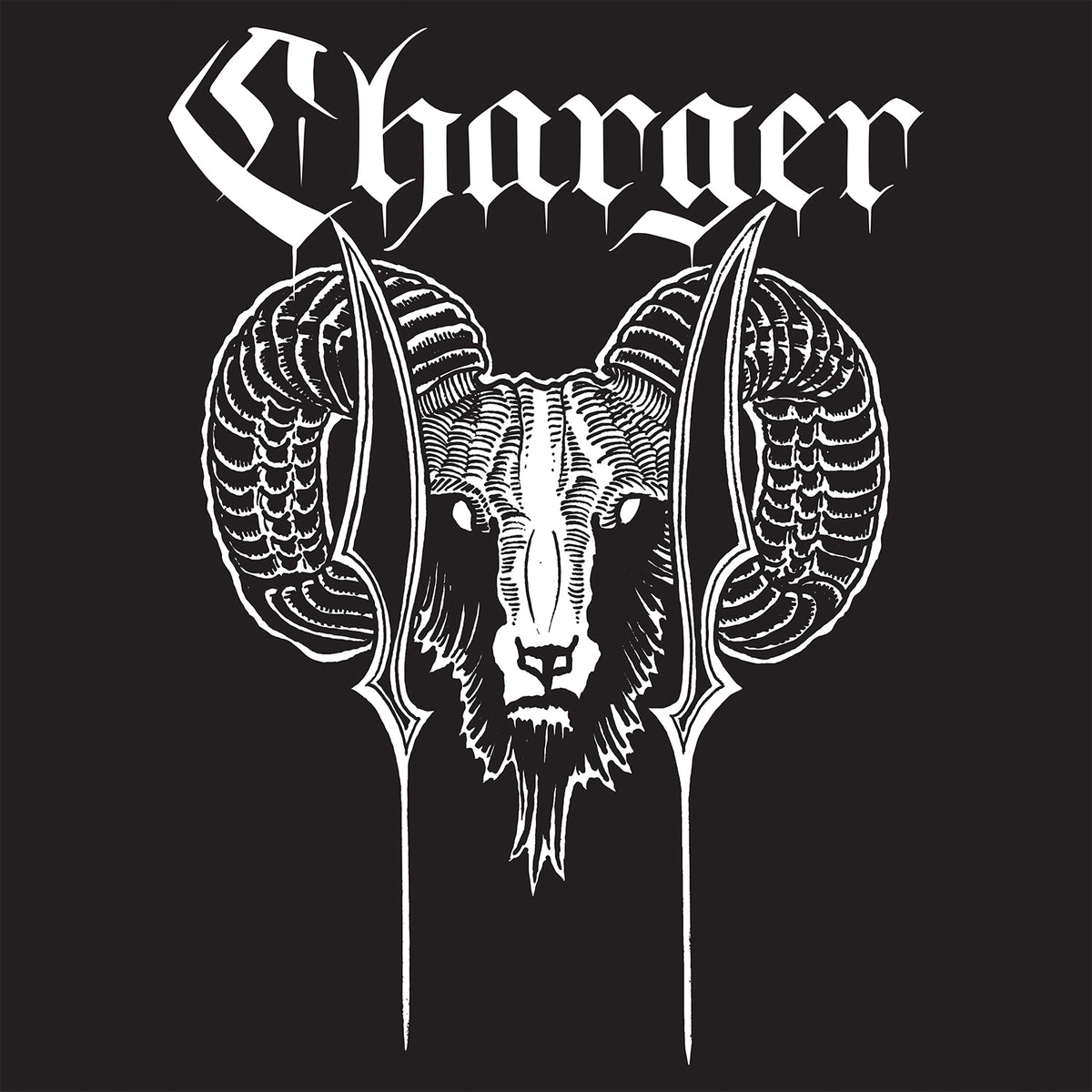 A bold, black and white illustration of a rams head with large curved horns framed by spear-like shapes, Charger in gothic letters above—ideal as a 4-inch vinyl trim decal from the Charger brand.