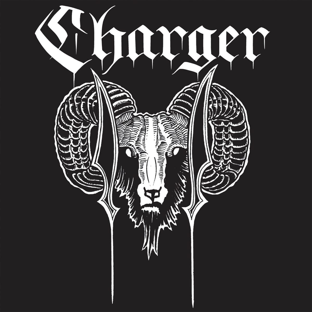 Black and white illustration of a ram’s head with curled horns and two vertical swords beneath &quot;Charger&quot; in bold, gothic letters—captures 70&#39;s hard rock energy. Ideal artwork for a black vinyl album cover from the brand Charger.