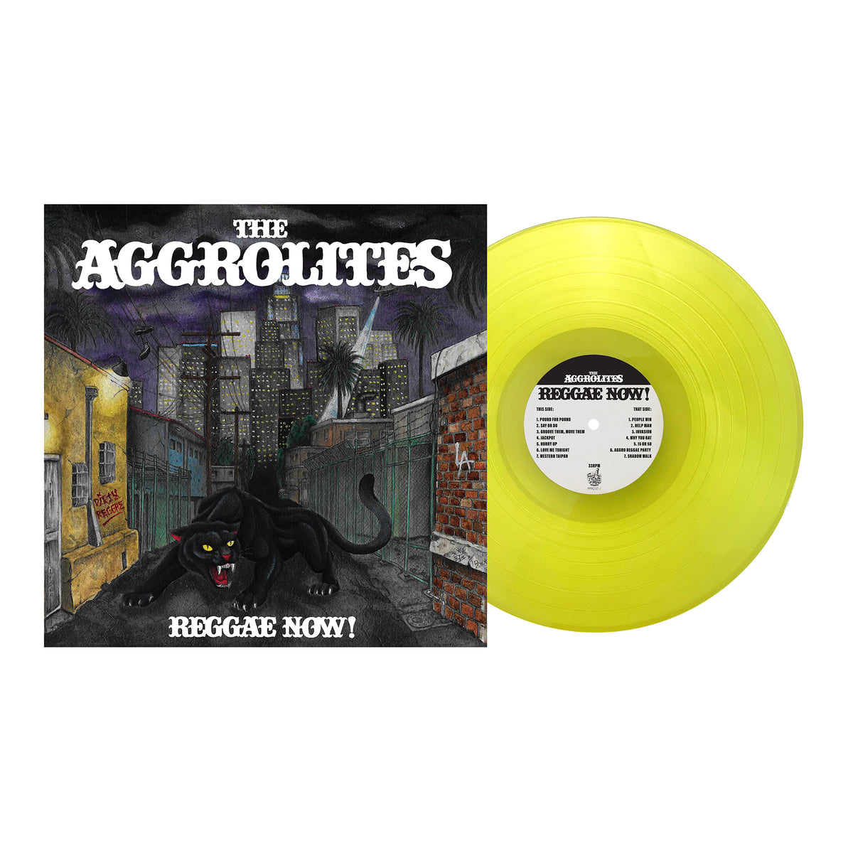 A yellow vinyl record by The Aggrolites rests beside its album cover, which features a black panther in an alleyway beneath a cityscape, with the bold REGGAE NOW! title reflecting the band's signature Dirty Reggae style.