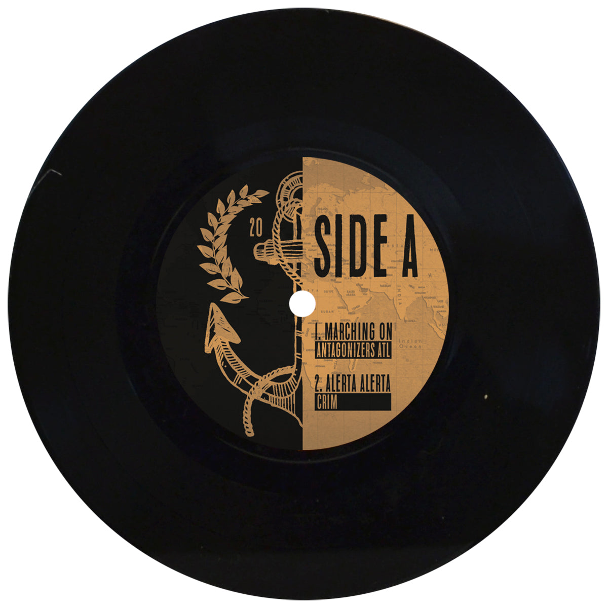 A black vinyl four-way split 7 from Pirates Press Records features an anchor with laurel graphic on SIDE A. Tracks: 1. MARCHING ON (ANTAGONIZERS ATL) 2. ALERTA ALERTA (CRIM). The streetpunk label design is black and gold.