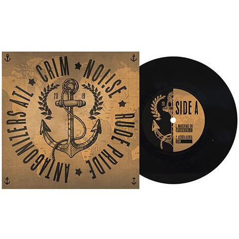 A four-way split 7-inch vinyl from Pirates Press Records. Its sleeve shows a bold anchor with laurels, a star, and the bands Grim Noise, Rude Pride, Antagonizers ATL. The vinyl’s anchor design and Side A label match the streetpunk/Oi! vibe.