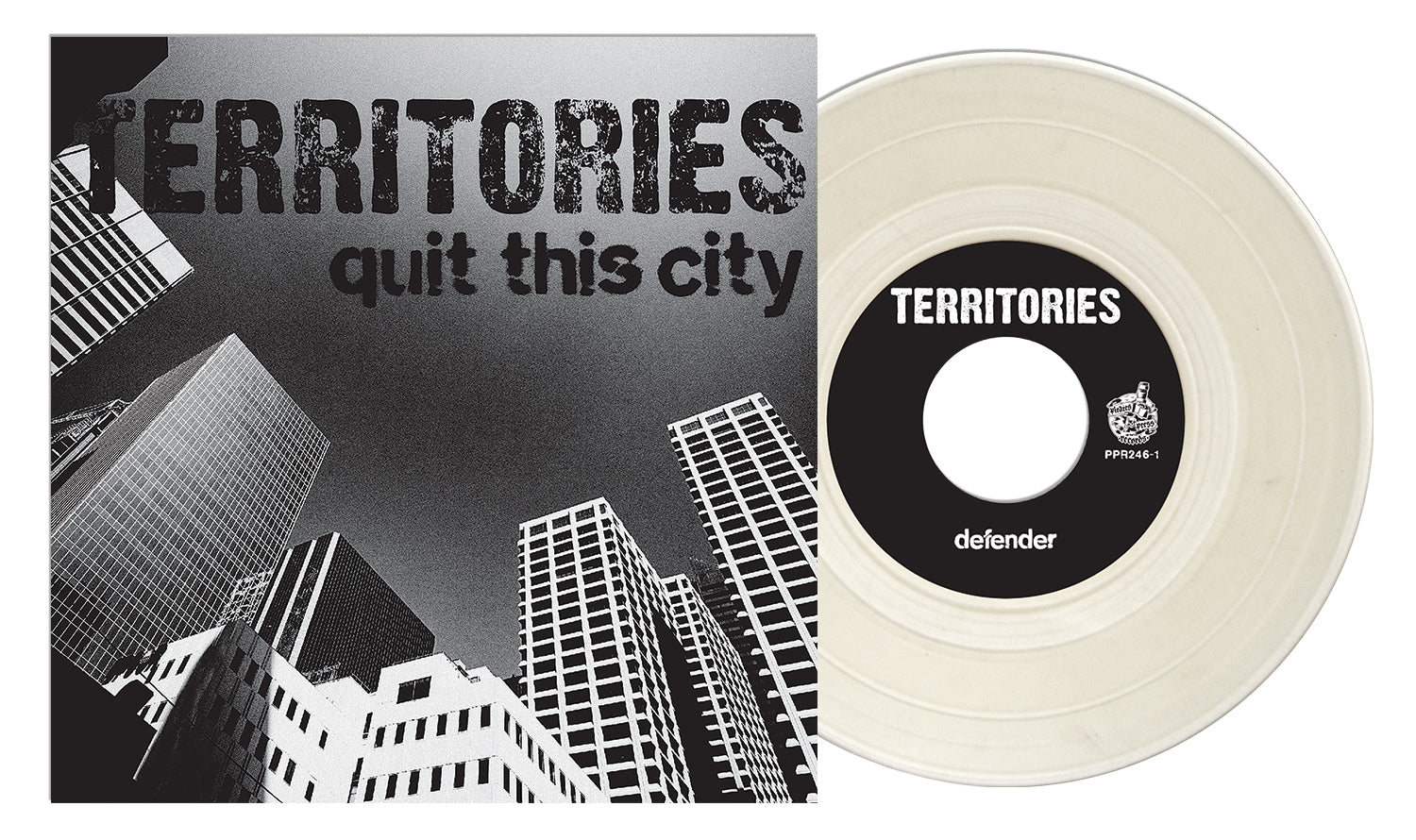 The image displays a 7 milky clear vinyl by Territories. The punk band’s cover shows black-and-white skyscrapers with tracks Quit This City and When The Day Is Done.