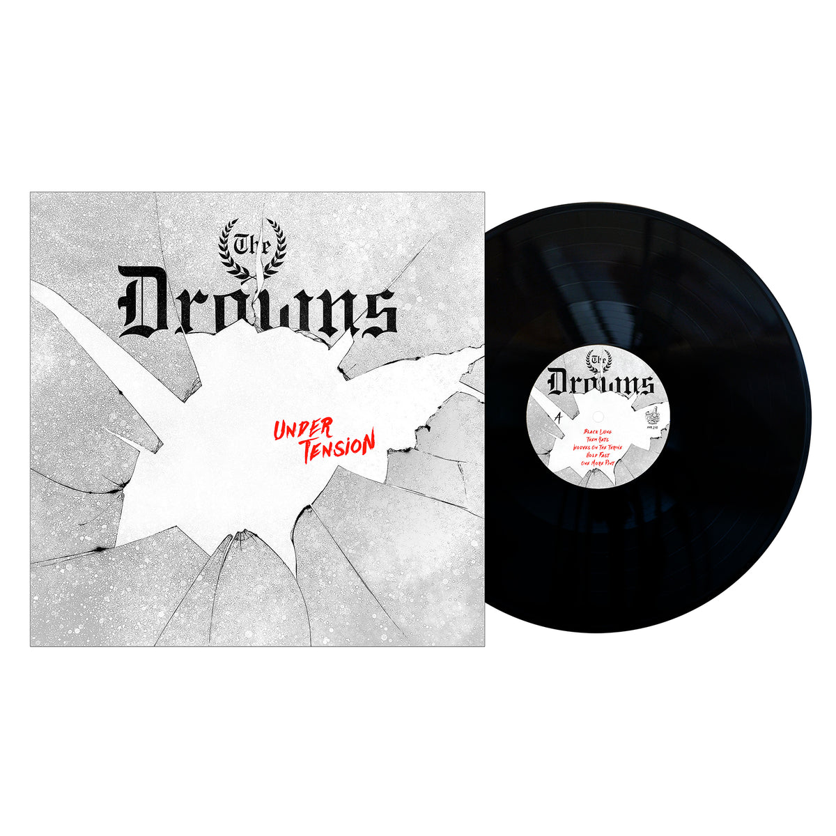A vinyl record beside its cover, which shows a cracked white background with The Drowns in bold black letters and Under Tension in red handwritten text—a standout for any punk vinyl collection.