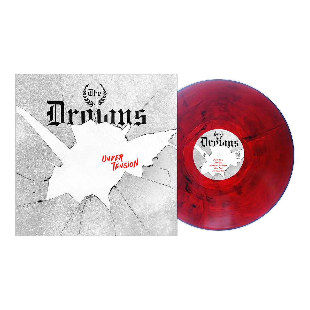 A red and black marbled vinyl from The Drowns is shown by its cover, featuring bold black The Drowns text, red Under Tension title, and shattered glass art—a must-have punk release produced by Ted Hutt.