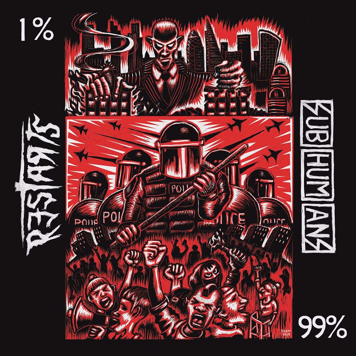 An illustration for Pirates Press Records features a wealthy man atop skyscrapers labeled 1% and riot police facing a crowd labeled 99%, using red, black, and white colors that evoke classic anarcho-punk themes.