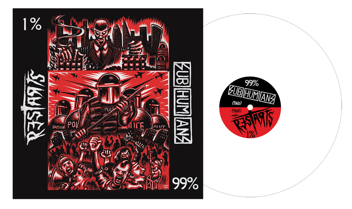 Anarcho-Punk album cover with red and black art shows police vs. protestors, city backdrop, and a looming figure. RESISTANTS, SUBHUMANS, 99%, and 1% text. White vinyl by Pirates Press Records shown beside the artwork.