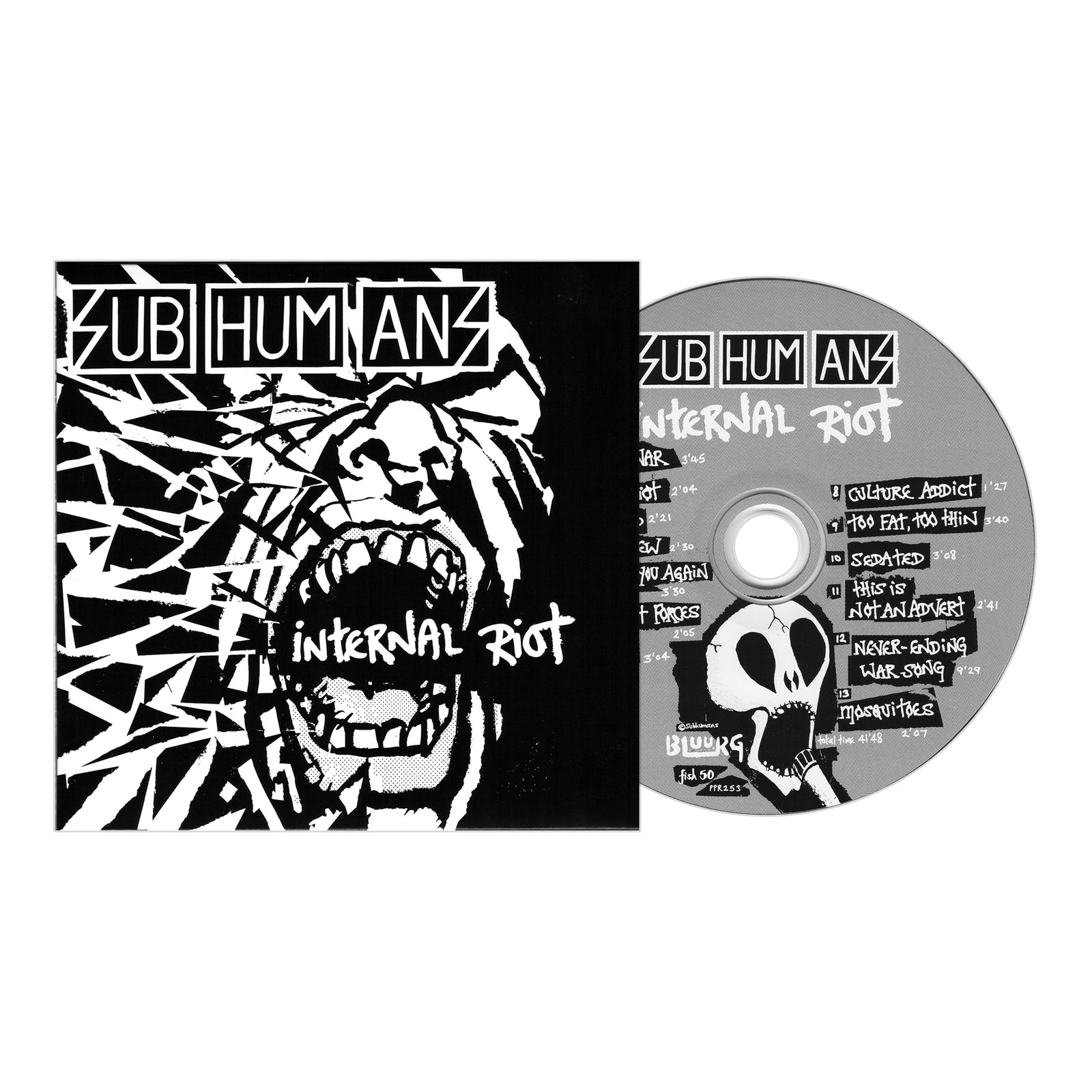 Subhumans Internal Riot album cover and CD: Black-and-white art features a screaming face on the cover; the CD displays song titles and a skull illustration. Brand Name: Subhumans.