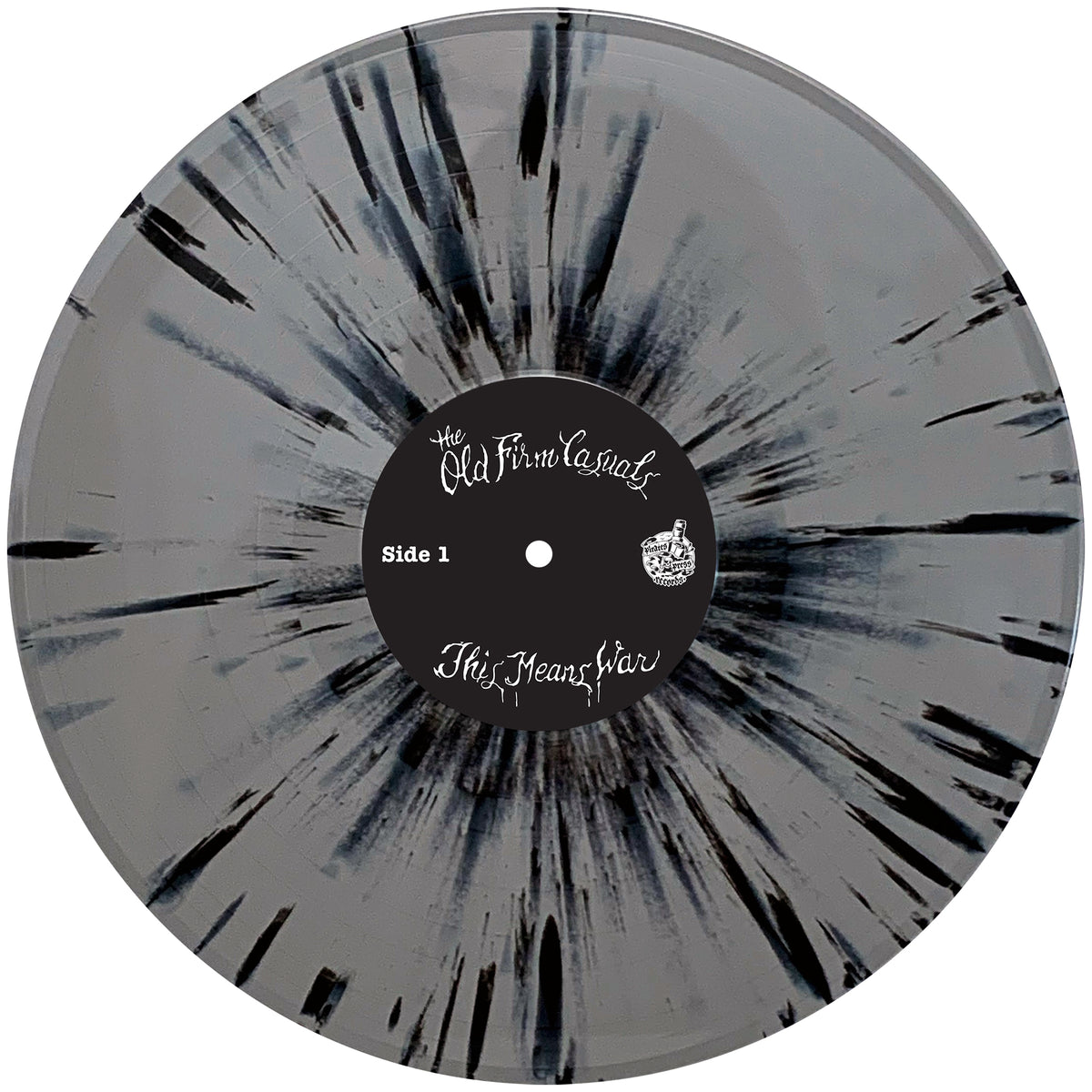 A gray vinyl record with black splatter design from The Old Firm Casuals, labeled “This Means War” at the center and “Side 1” on the left, featuring Oi! and streetpunk vibes.