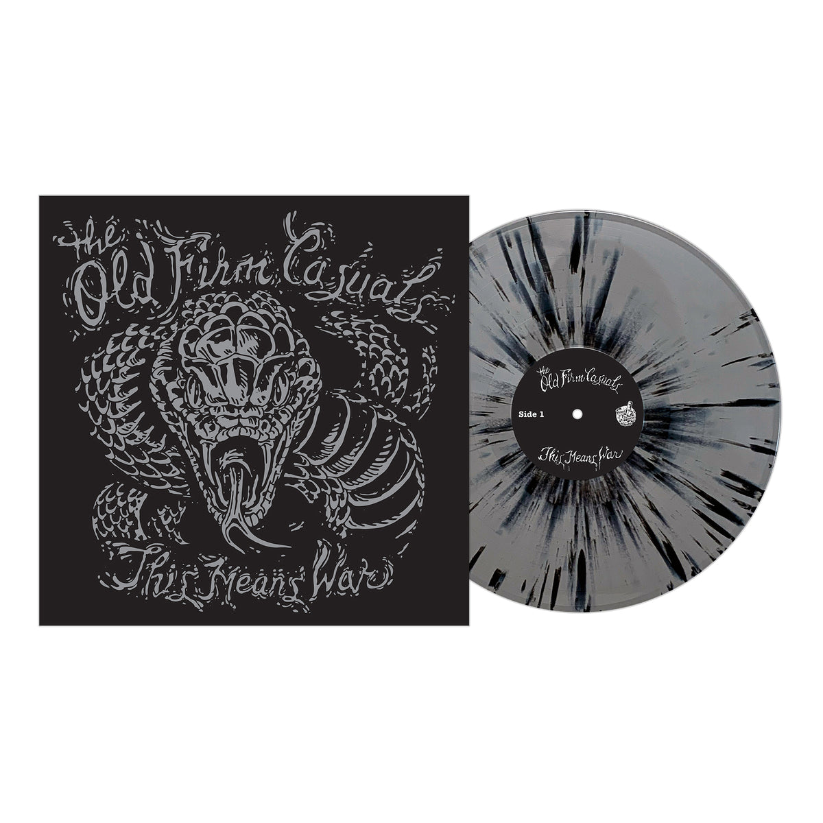 A black and gray splatter vinyl record by The Old Firm Casuals is displayed beside its album cover, featuring an illustrated snarling snake and the title "This Means War"—a must-have for streetpunk or Oi! fans.
