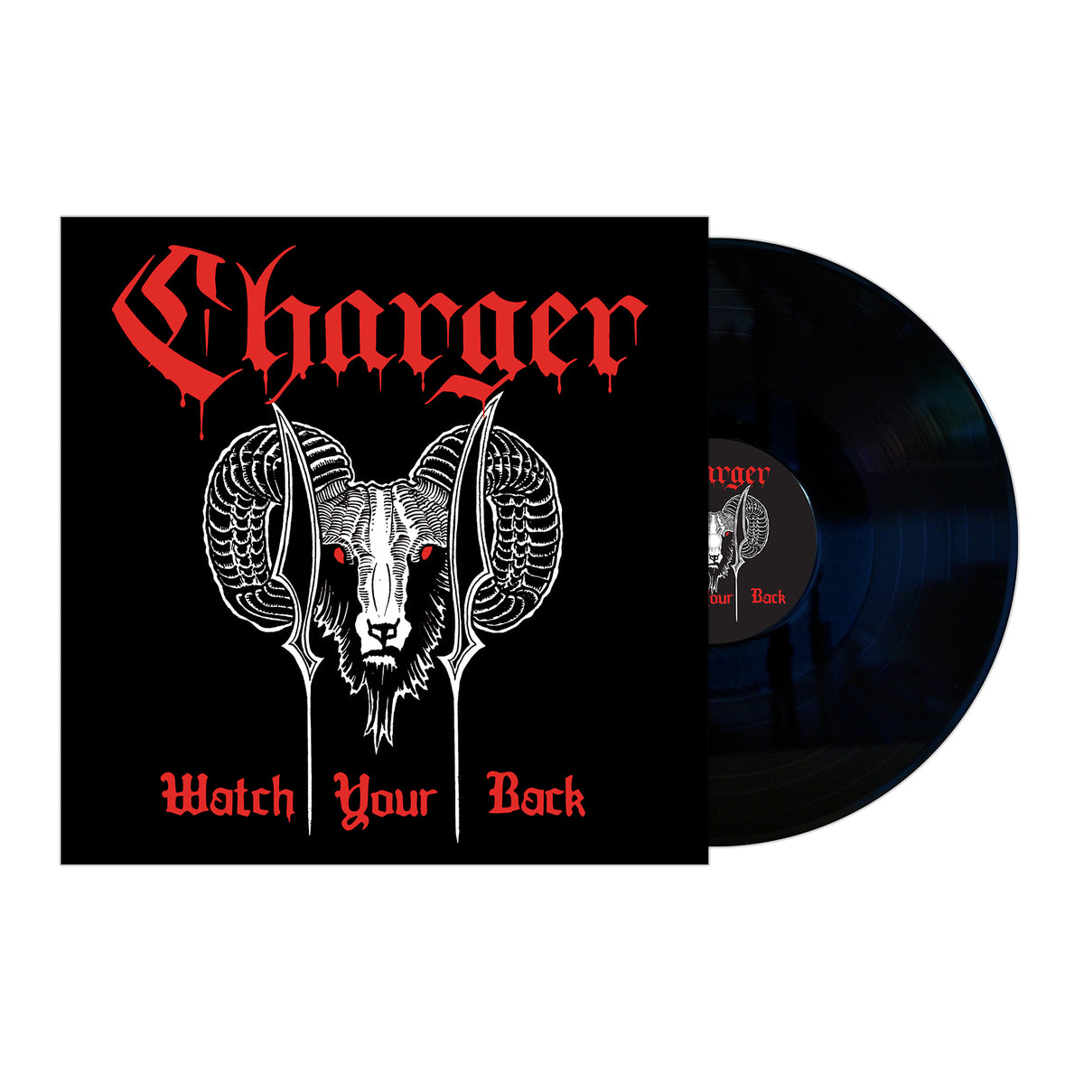 A 12 vinyl record slides out from its cover, which features Charger’s stylized goat head art with curled horns, red eyes, and bold gothic lettering reading “Charger” above and “Watch Your Back” below—a nod to rock’s evolving future.