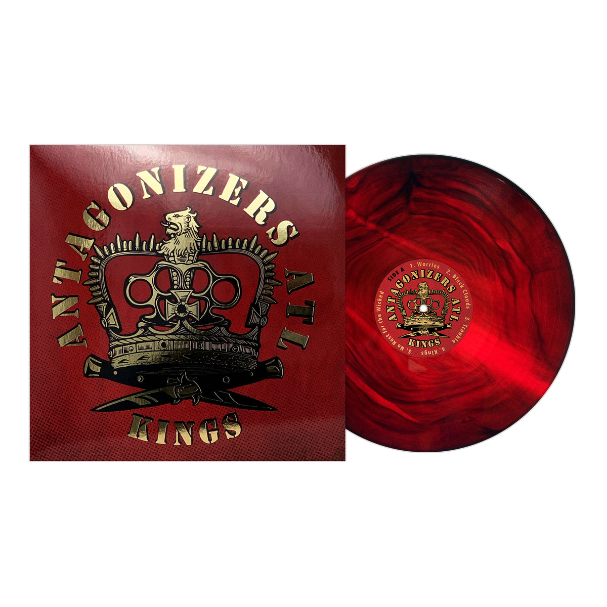 A red marbled vinyl punk album by Antagonizers ATL sits beside its cover, which displays a gold and black crowned lion emblem and KINGS in bold gold on glossy red—an iconic self-titled LP from Antagonizers ATL.