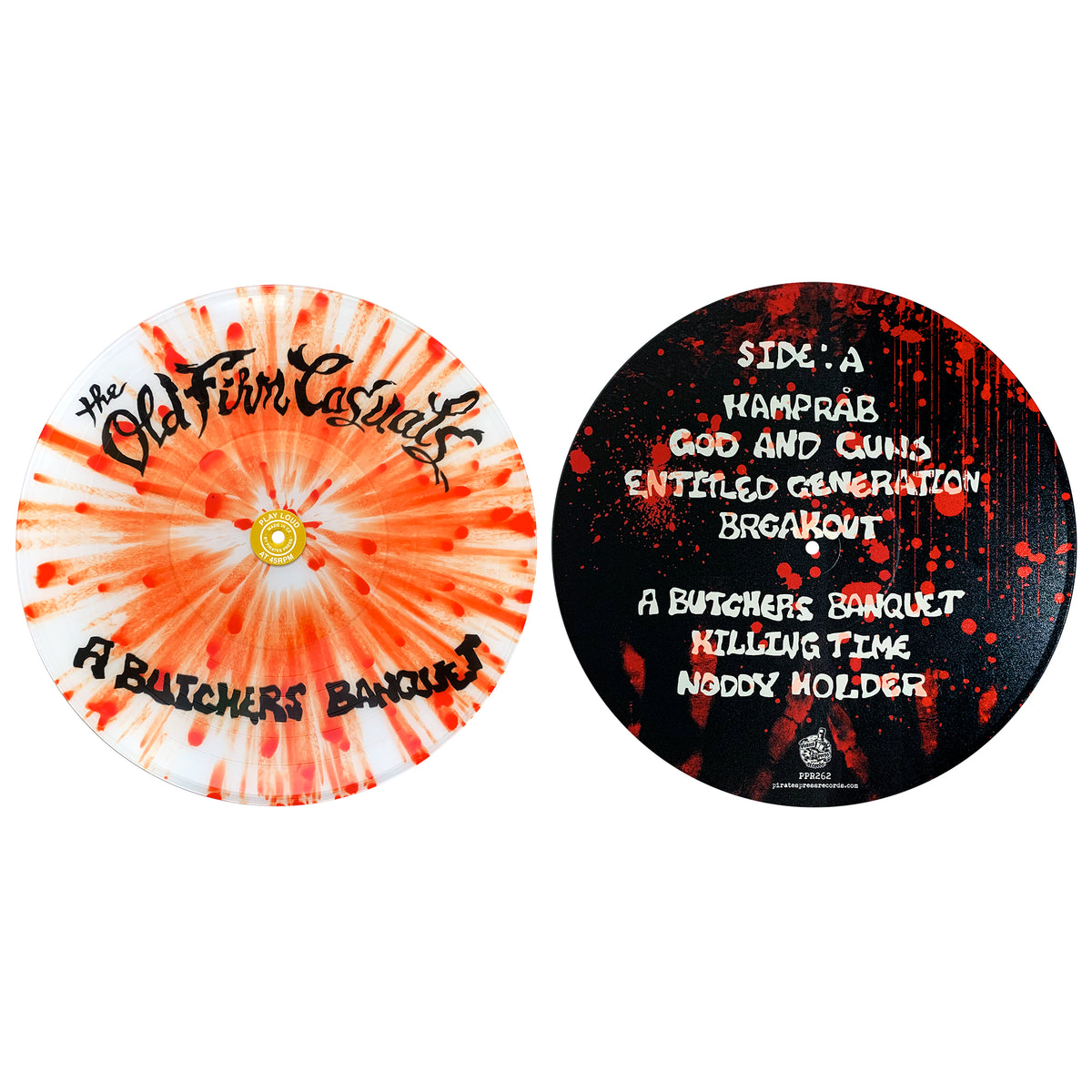 This collectible album by The Old Firm Casuals includes two circular vinyl records: the left is an orange and red splatter picture disc with “The Old Firm Casuals” and “A Butchers Banquet,” while the right shows the tracklist on a black, red, and white splatter.