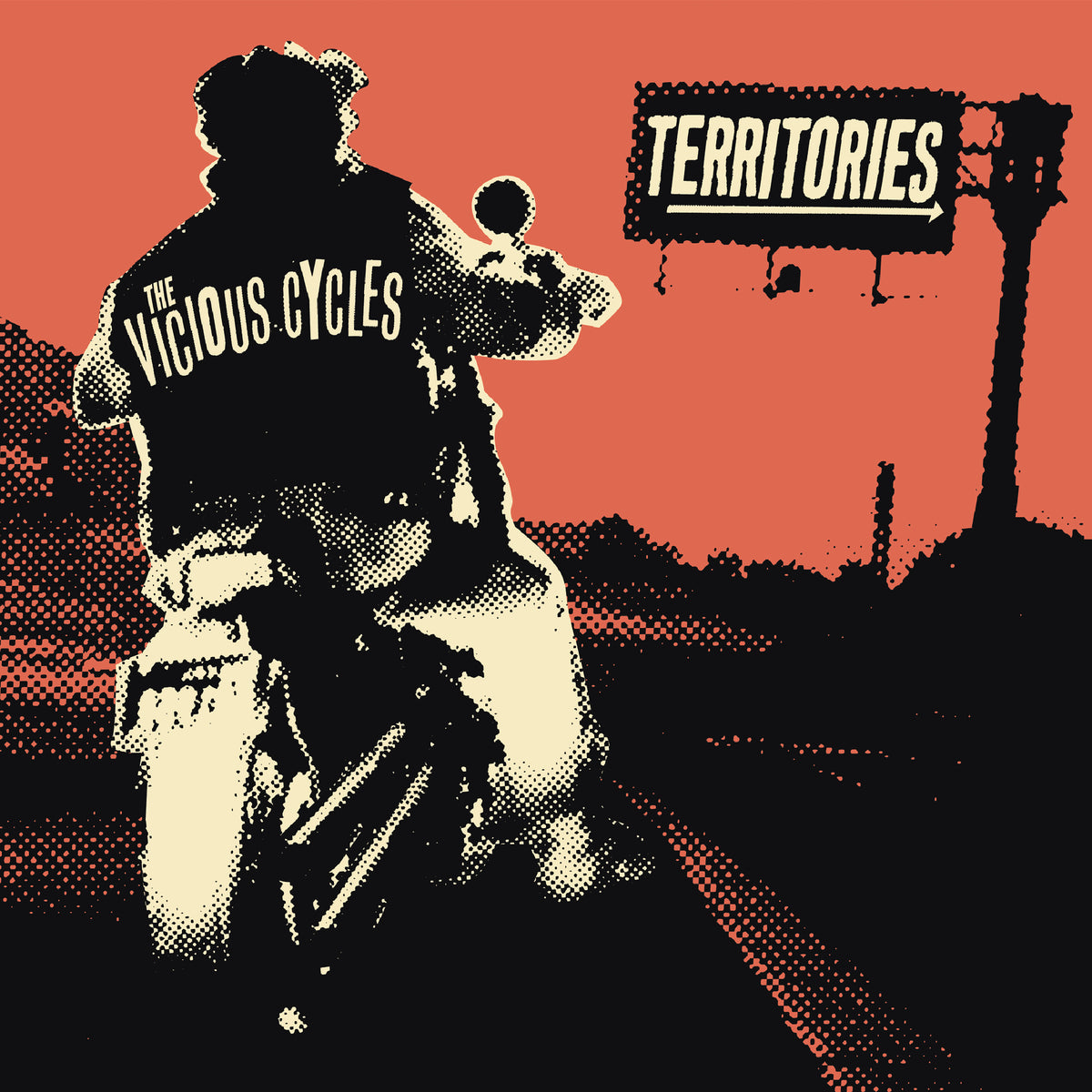 A person rides a motorcycle away, wearing a jacket with “The Vicious Cycles.” An orange sky glows as a sign reads “Territories.” Vintage comic style captures punk rock and motorcycle energy from Pirates Press Records.