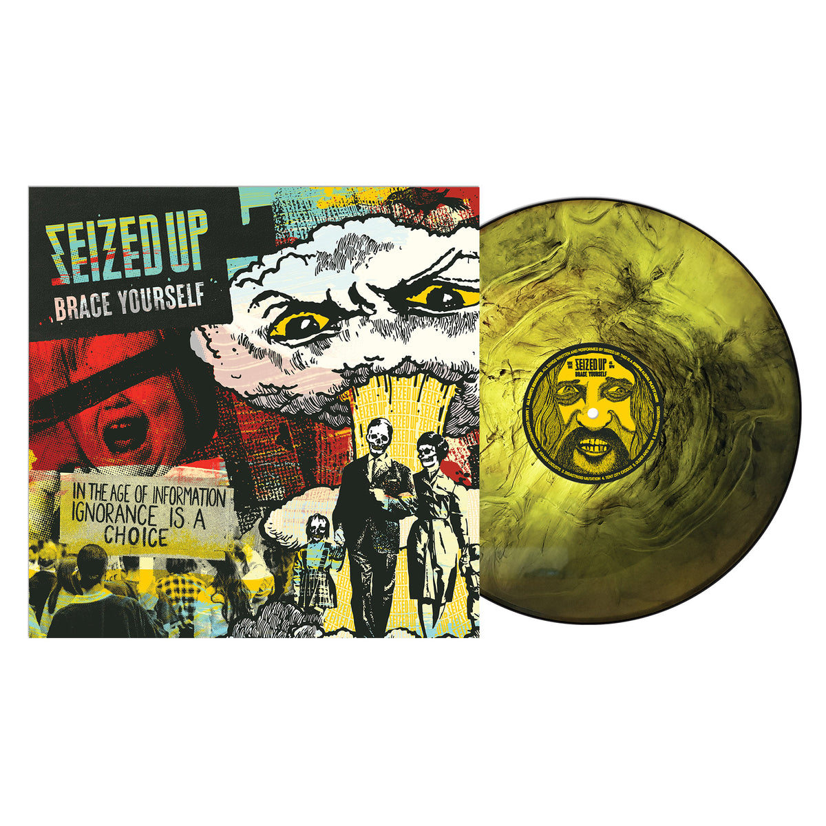 Seized Up vinyl record with yellow-black marbling shown beside its cover, featuring a striking collage and SEIZED UP branding—a political punk hardcore release urging social responsibility in today’s information era.