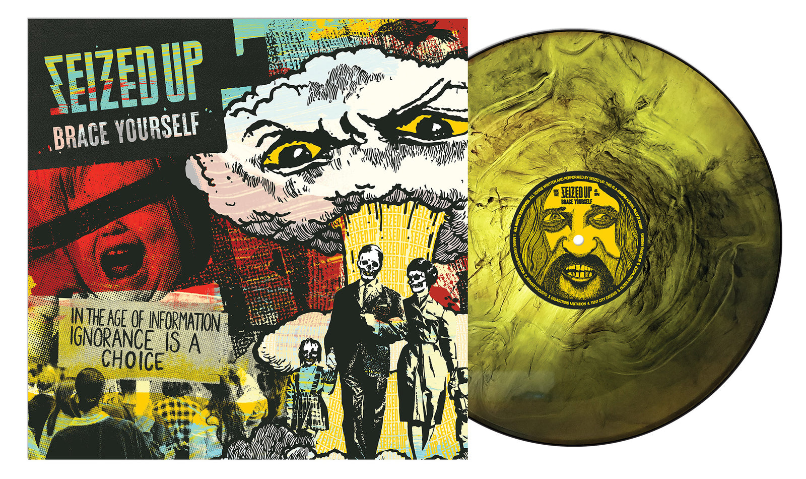 Vinyl record by Seized Up, yellow and black marbled design beside cover art with a mushroom cloud with eyes, a masked family, and the text: SEIZED UP - BRACE YOURSELF—a hardcore band’s view on social responsibility today.
