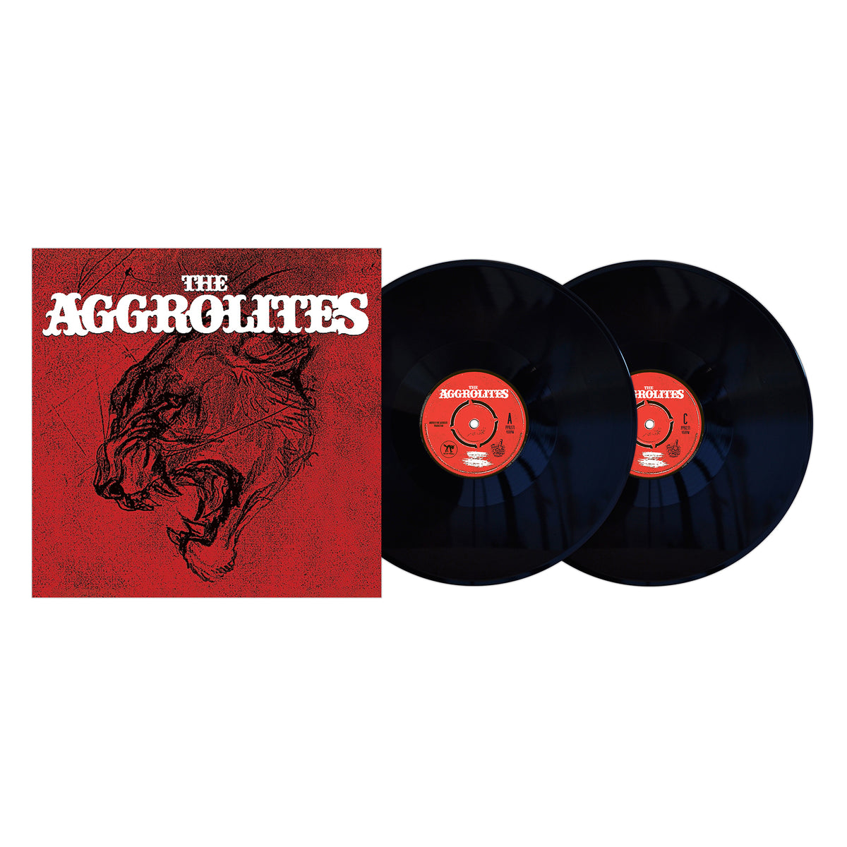 A red album cover from The Aggrolites showcases a roaring wildcat illustration beside two reggae vinyl records with striking red labels.