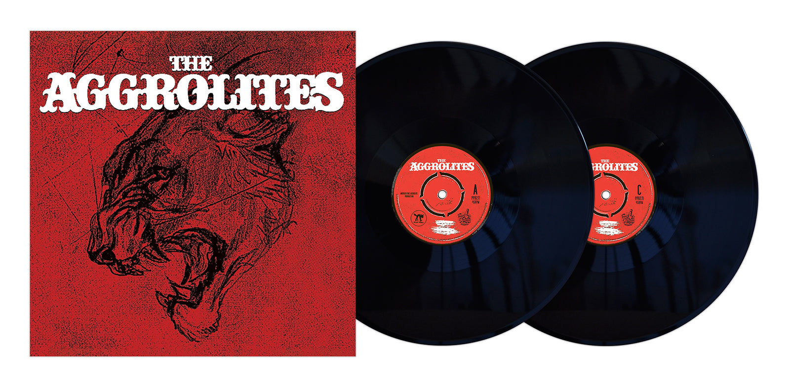 A red album cover featuring a black line drawing of a roaring big cat and bold white The Aggrolites text sits beside two black vinyl records with red labels, capturing Dirty Reggae energy from The Aggrolites.