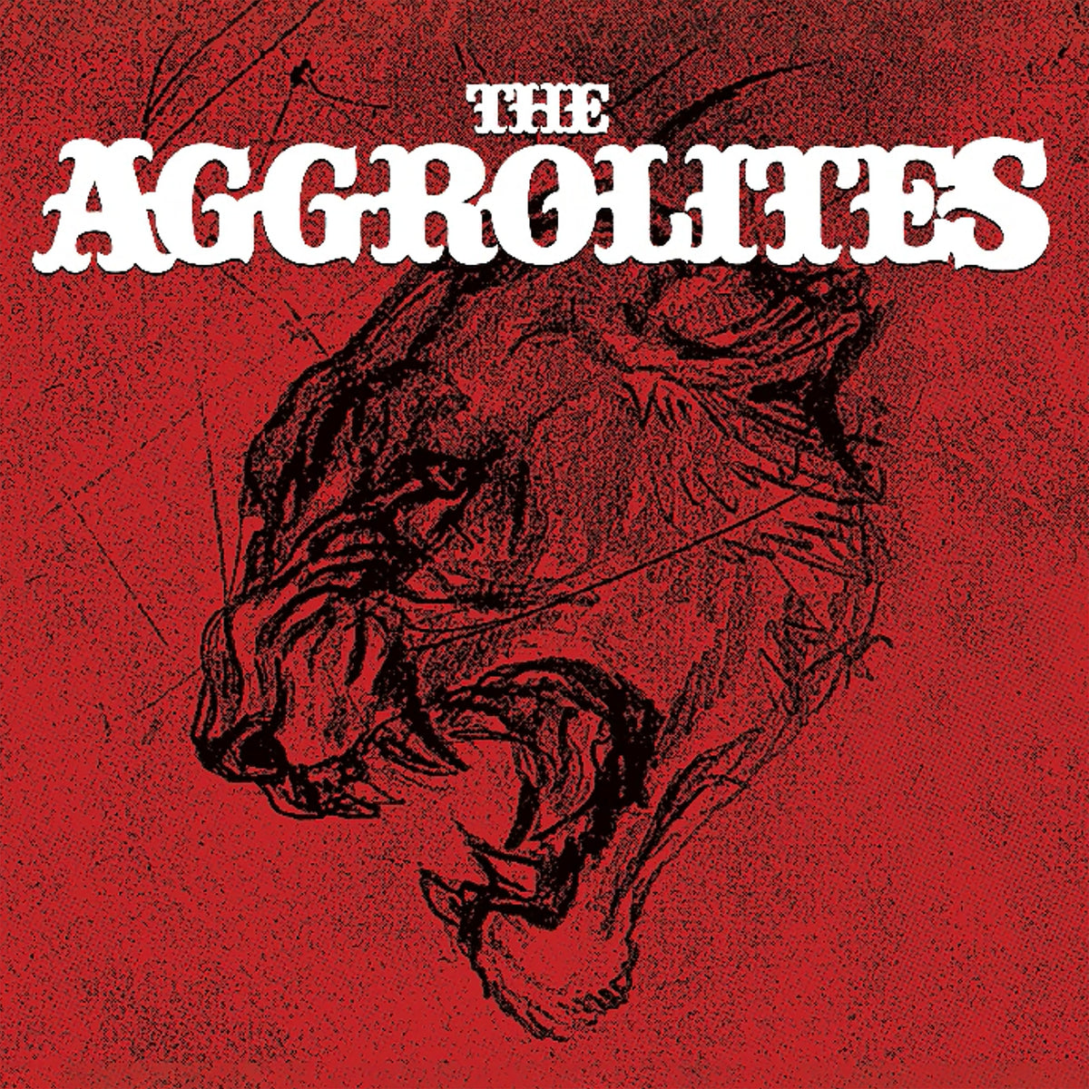 A rough black line drawing of a roaring tiger’s head is set on a textured red background. The Aggrolites name appears prominently at the top in large, bold white letters.