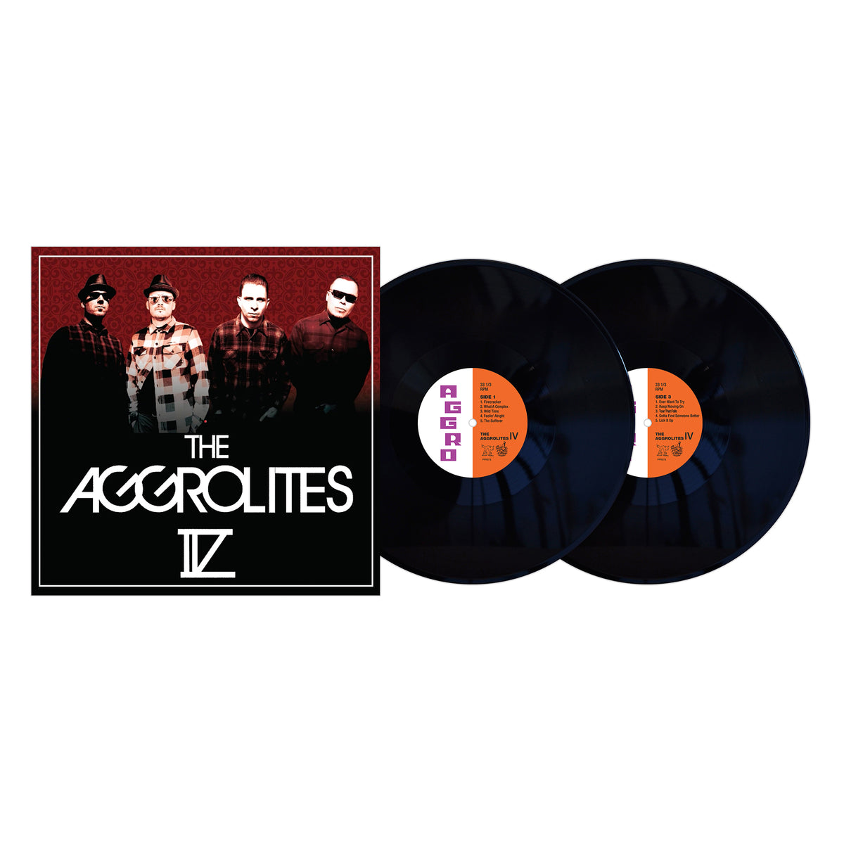 Album cover for “IV” by The Aggrolites, a reggae release on Hellcat Records. Features four band members posed before a red background, with two black vinyl records displayed next to the cover.