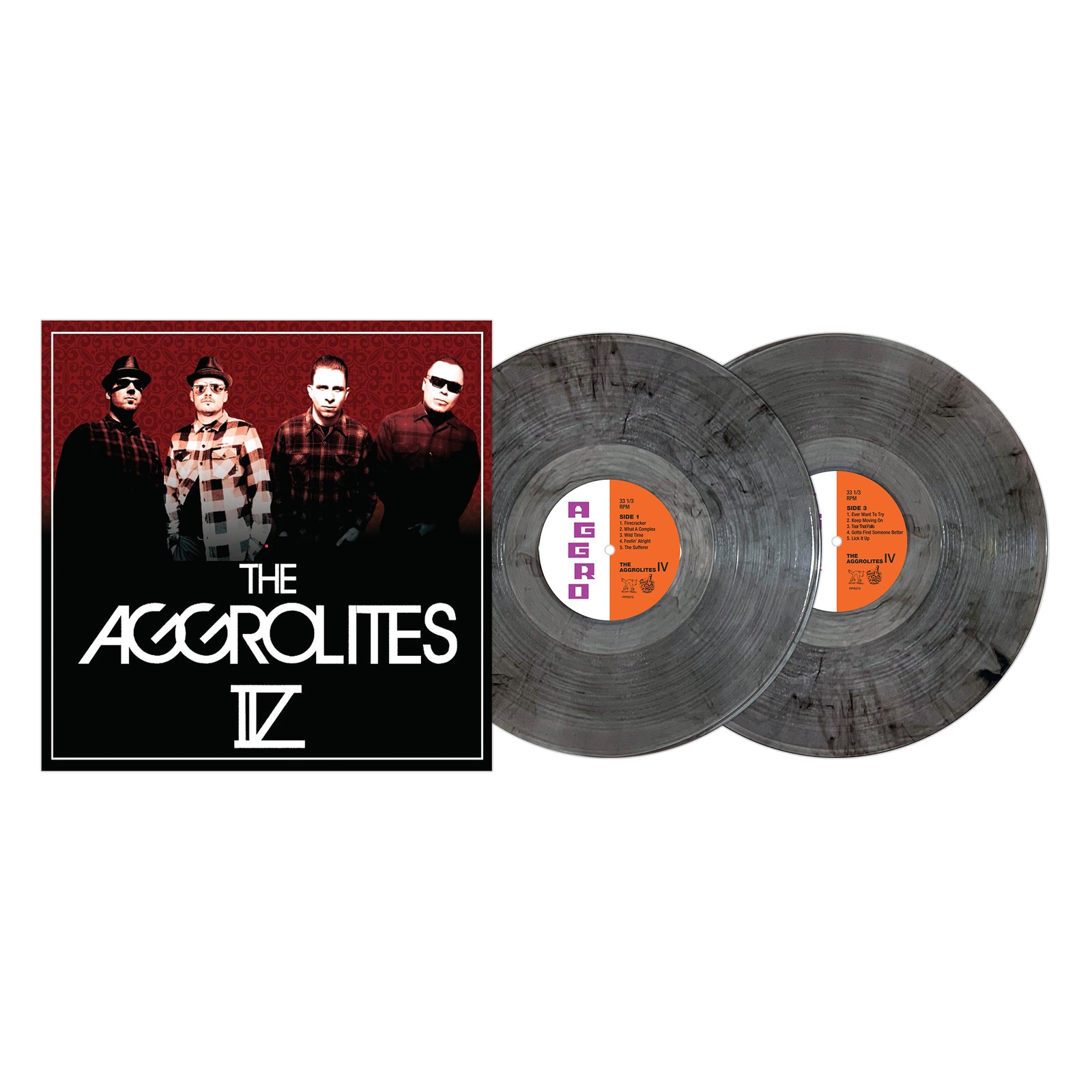 Album cover for The Aggrolites reggae album IV, released on Hellcat Records, shows four band members on a red background alongside two gray marbled vinyl records.