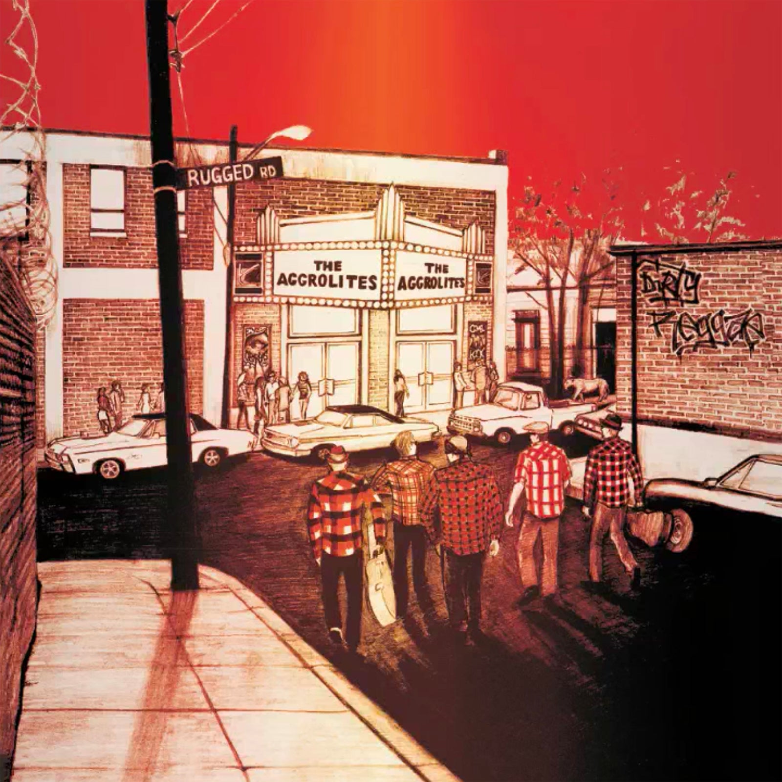 A group in plaid shirts approaches a brick building labeled The Aggrolites on a street corner with a Rugged Road sign beneath a vivid red sky. Classic cars and graffiti bring the brand’s remastered LP scene to life.