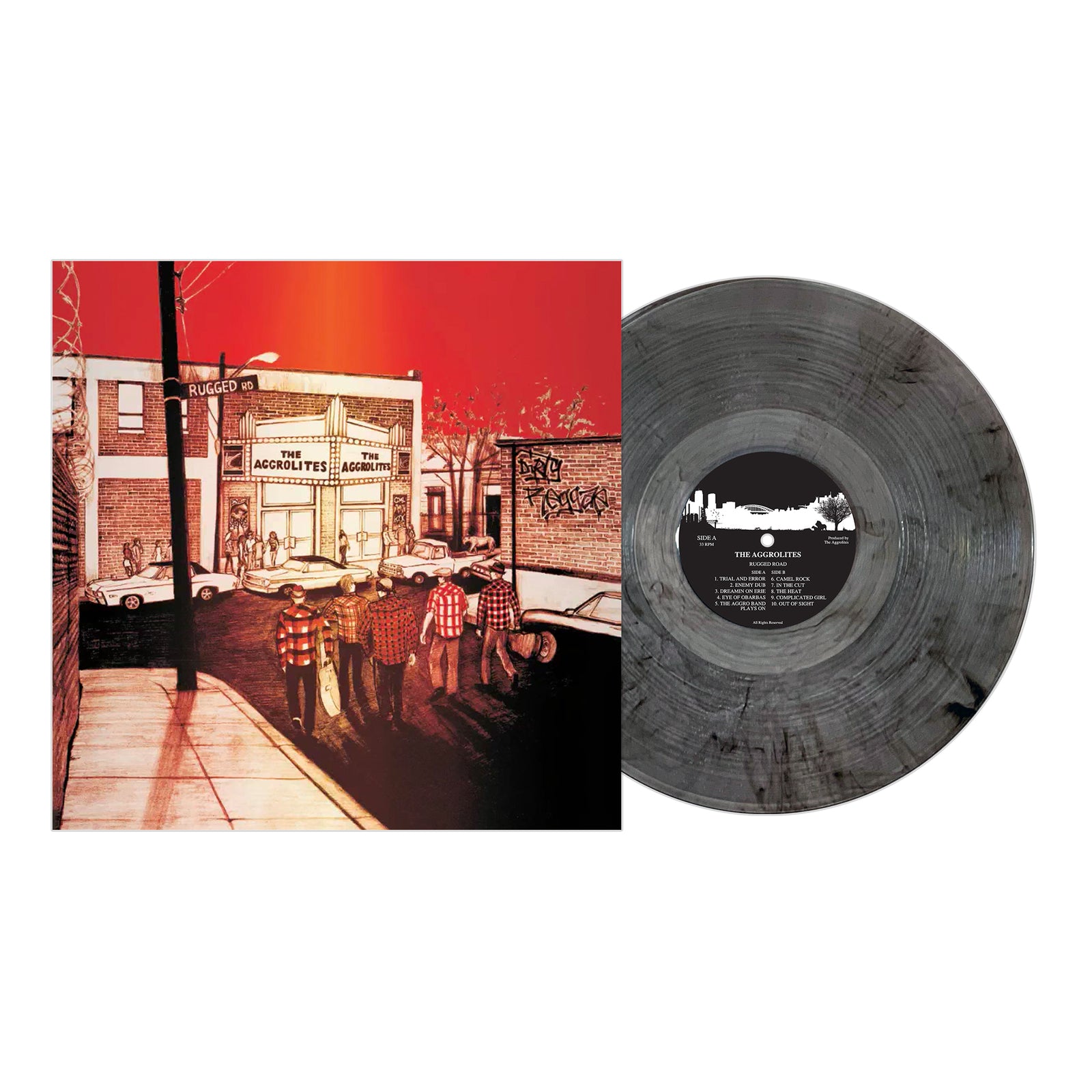 This remastered marbled gray vinyl LP, Rugged Road by The Aggrolites, is shown next to its cover featuring people on a street corner before a shop beneath a vivid red-orange sky.
