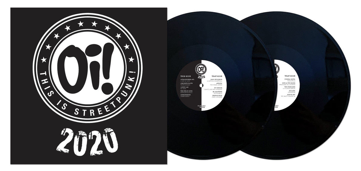 A double vinyl compilation from Pirates Press Records, &quot;Oi! This Is Streetpunk! 2020,&quot; features a bold black cover with white text and a circular design, plus two visible black records—ideal for fans of Oi! the Album.